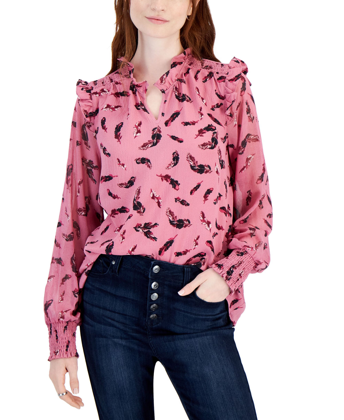 Fever Womens Smocked Cuff Split Neck Top