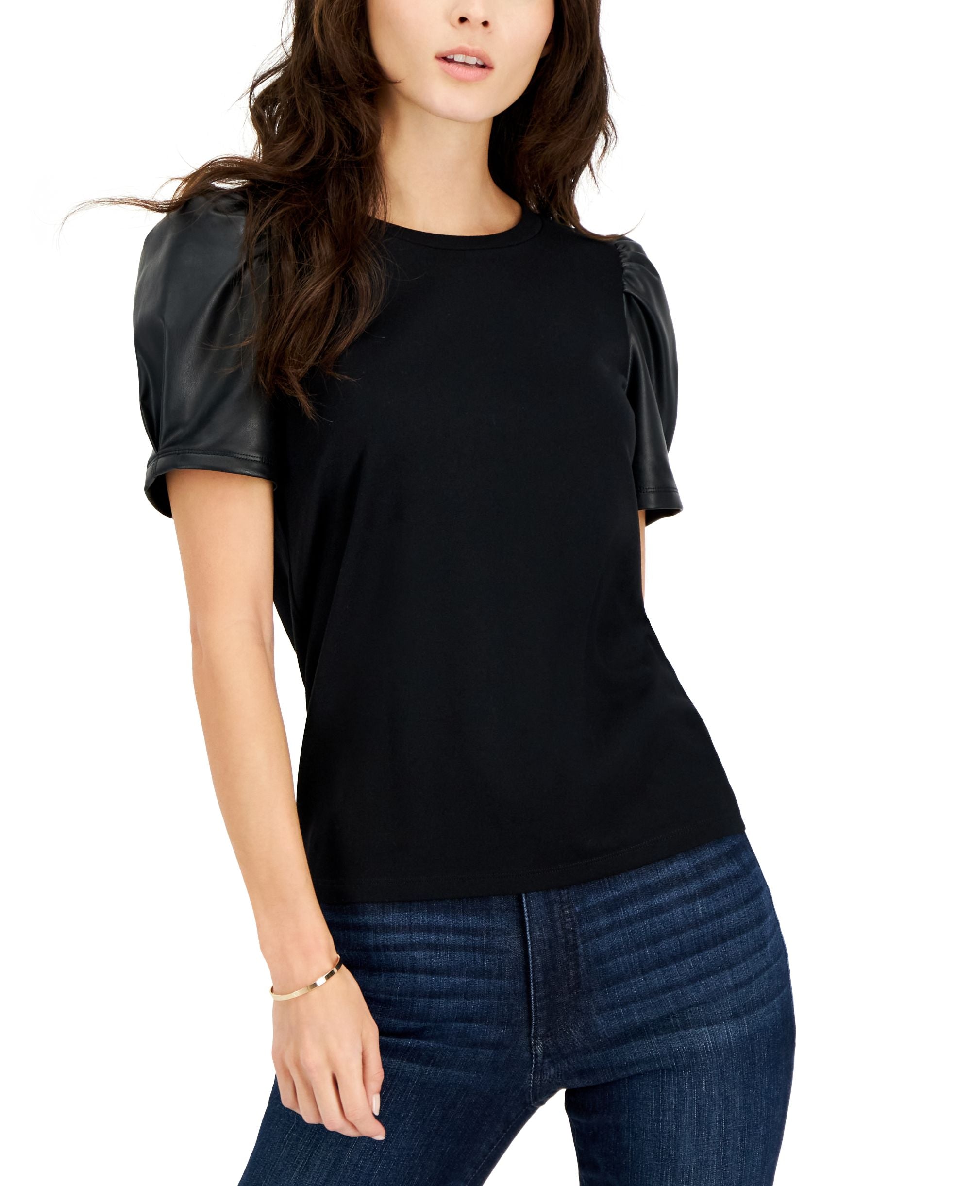 Women's Faux-Leather Short-Sleeve Top