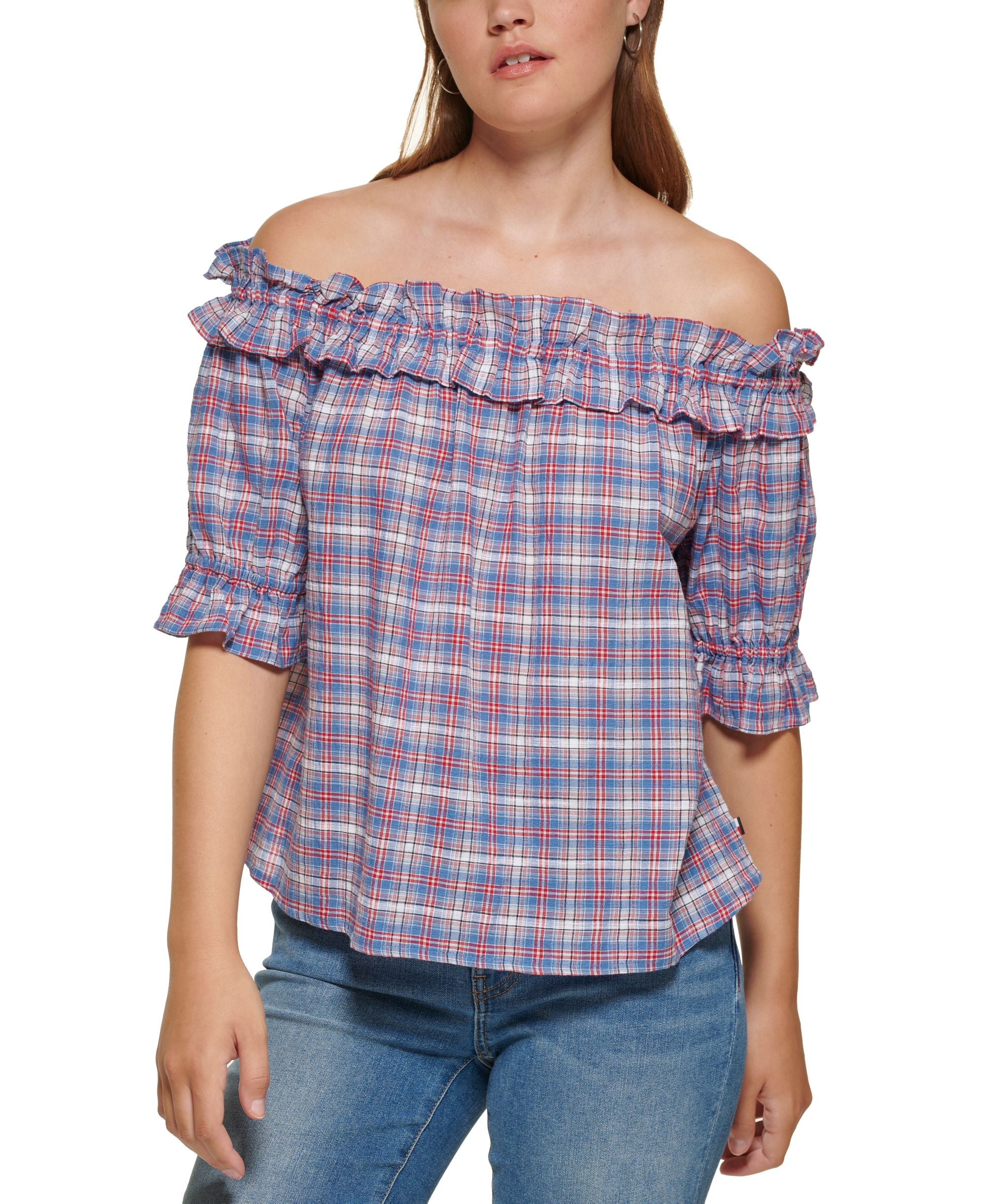 Tommy Hilfiger Womens Plaid Off The Shoulder Top
