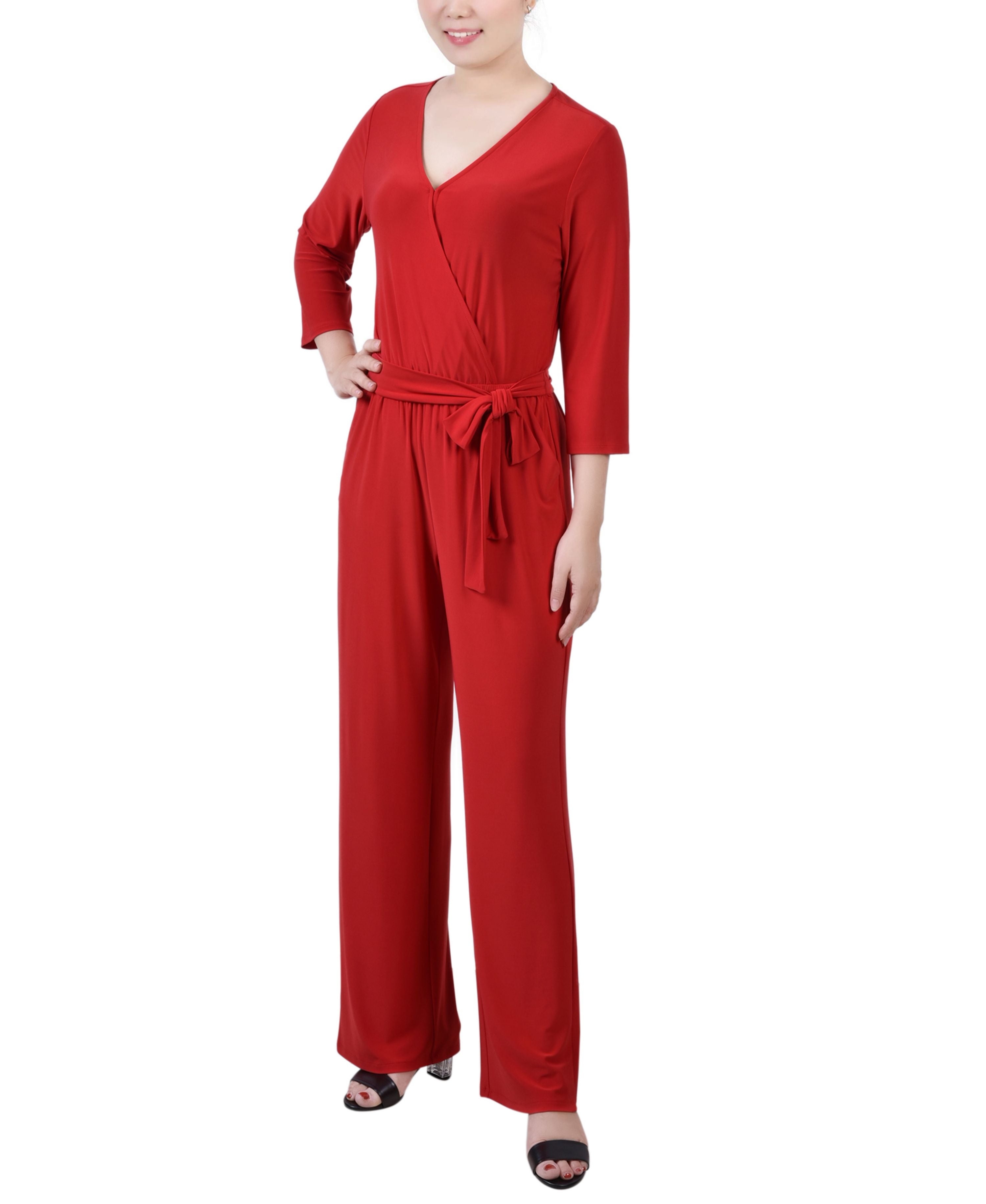 Petite 3/4 Sleeve Belted Wide Leg Jumpsuit