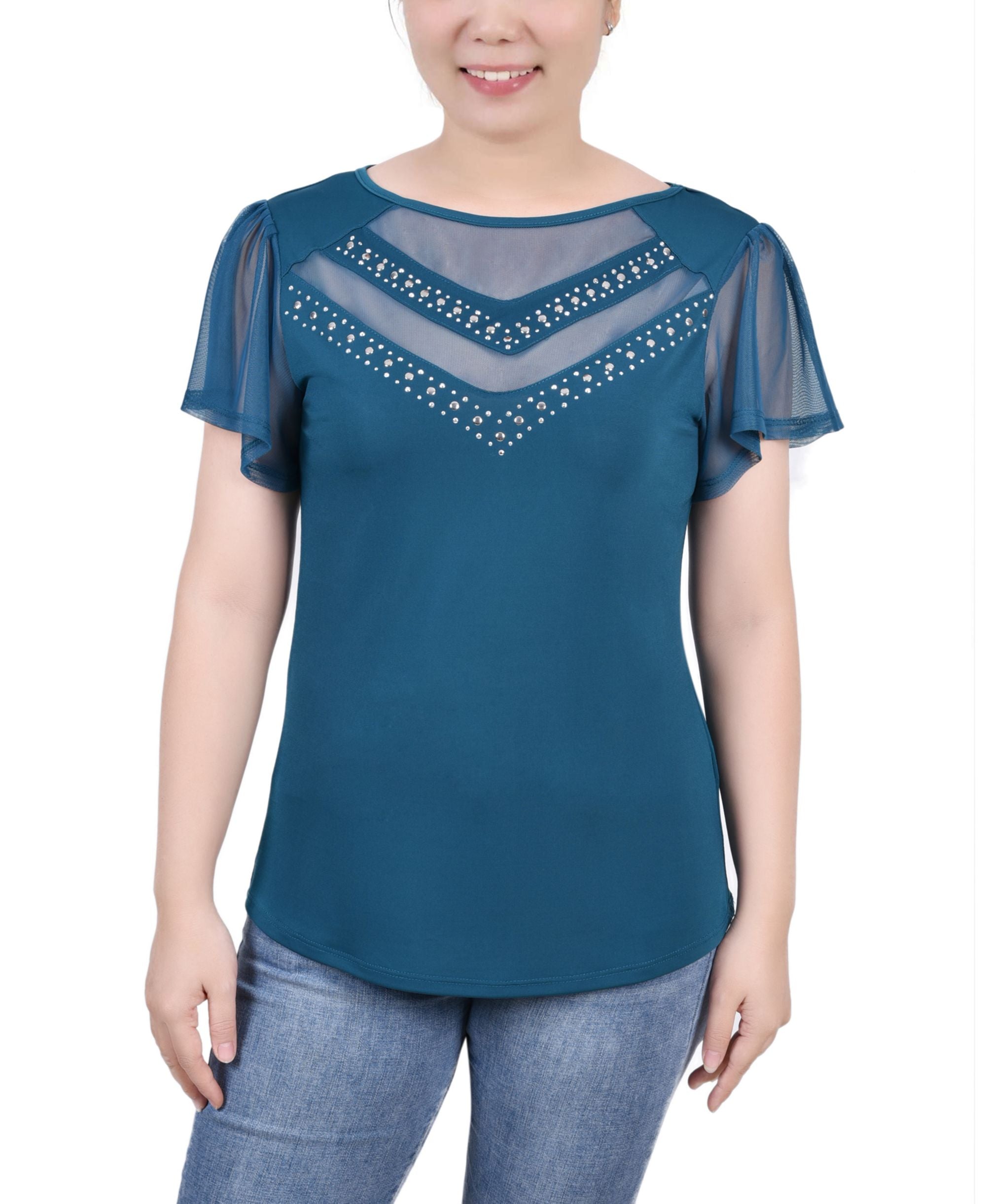 Petite Studded Short Flutter Sleeve Top