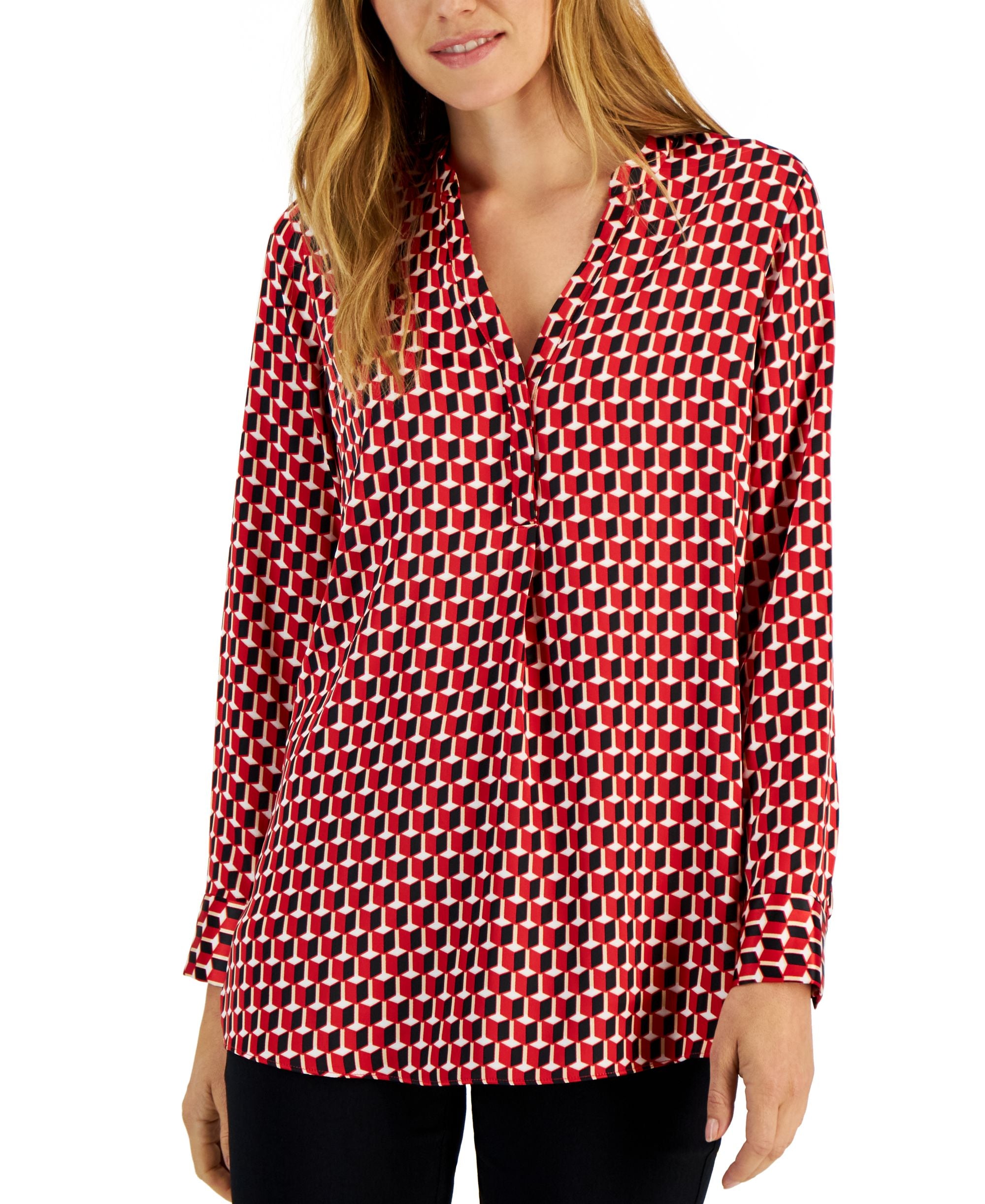 Alfani Womens Printed Satin Long Sleeve Top