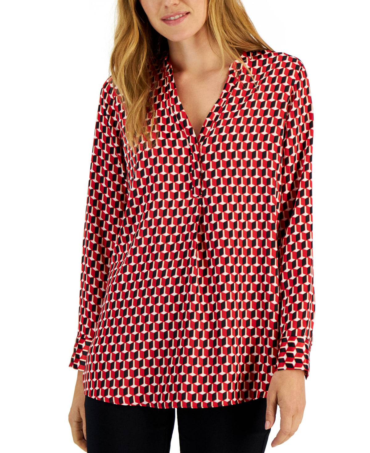 Alfani Womens Printed Satin Long Sleeve Top