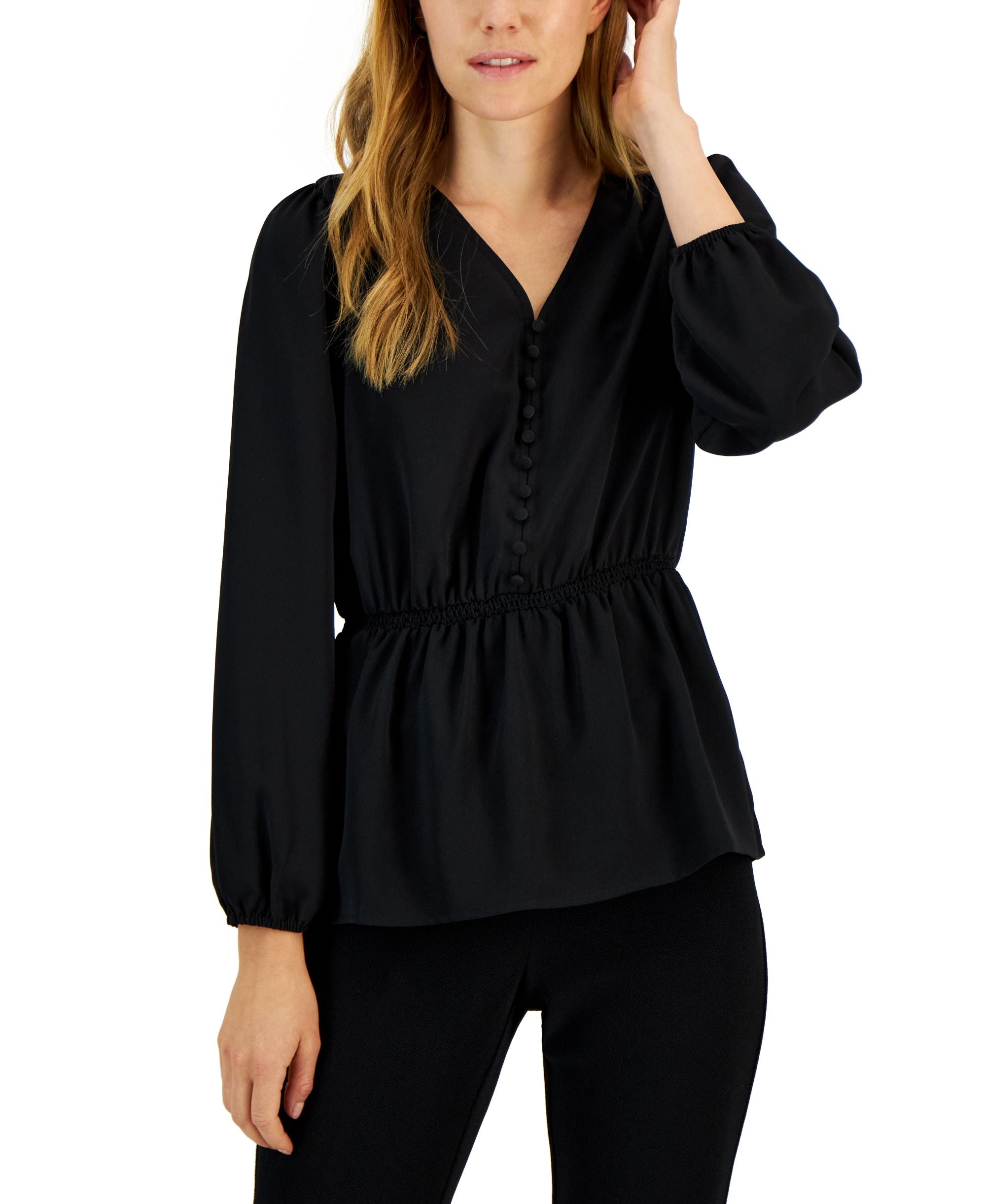 Alfani Womens V Neck Smocked Waist Top