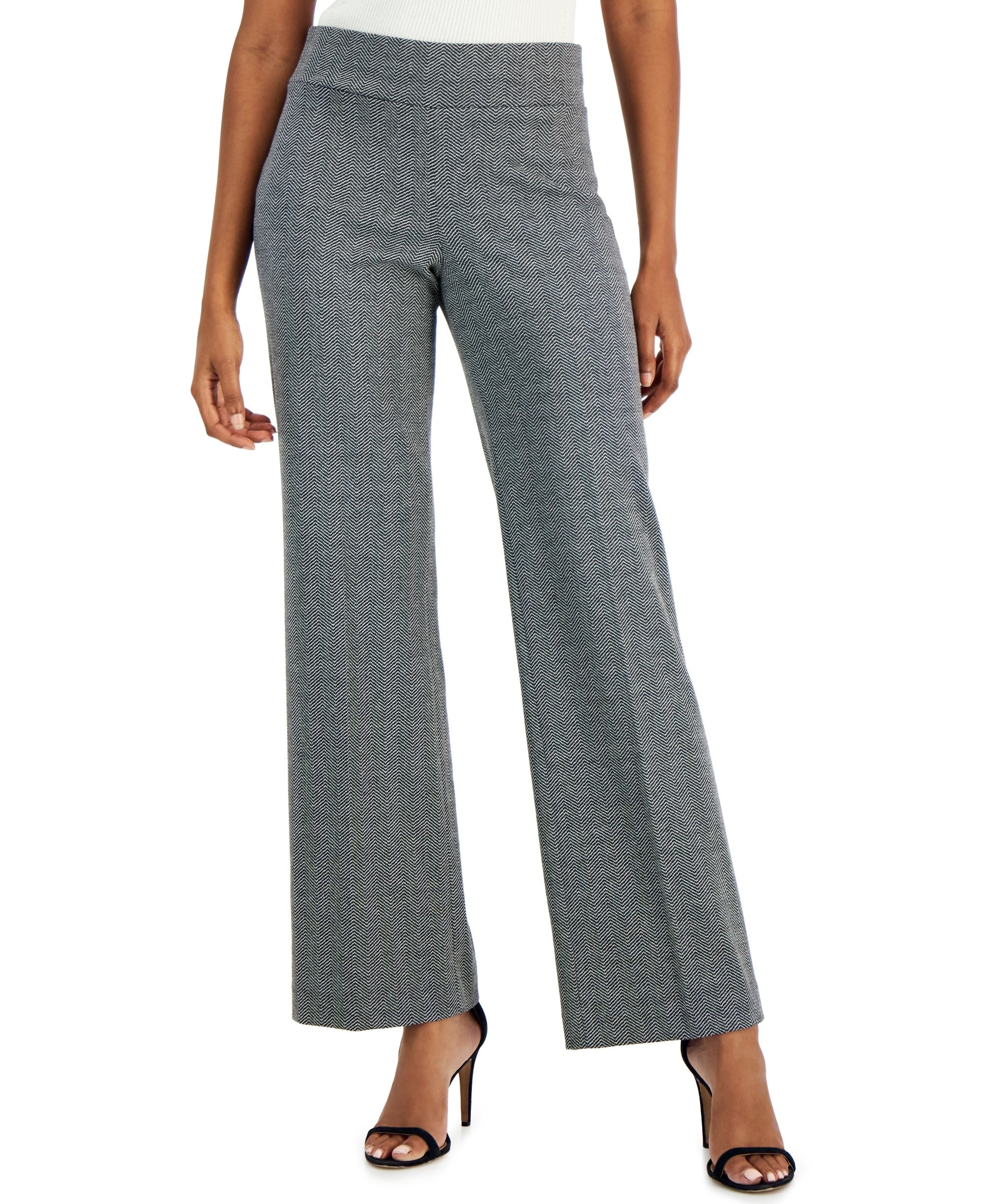 Petite Herringbone Pull-On Wide-Leg Pants