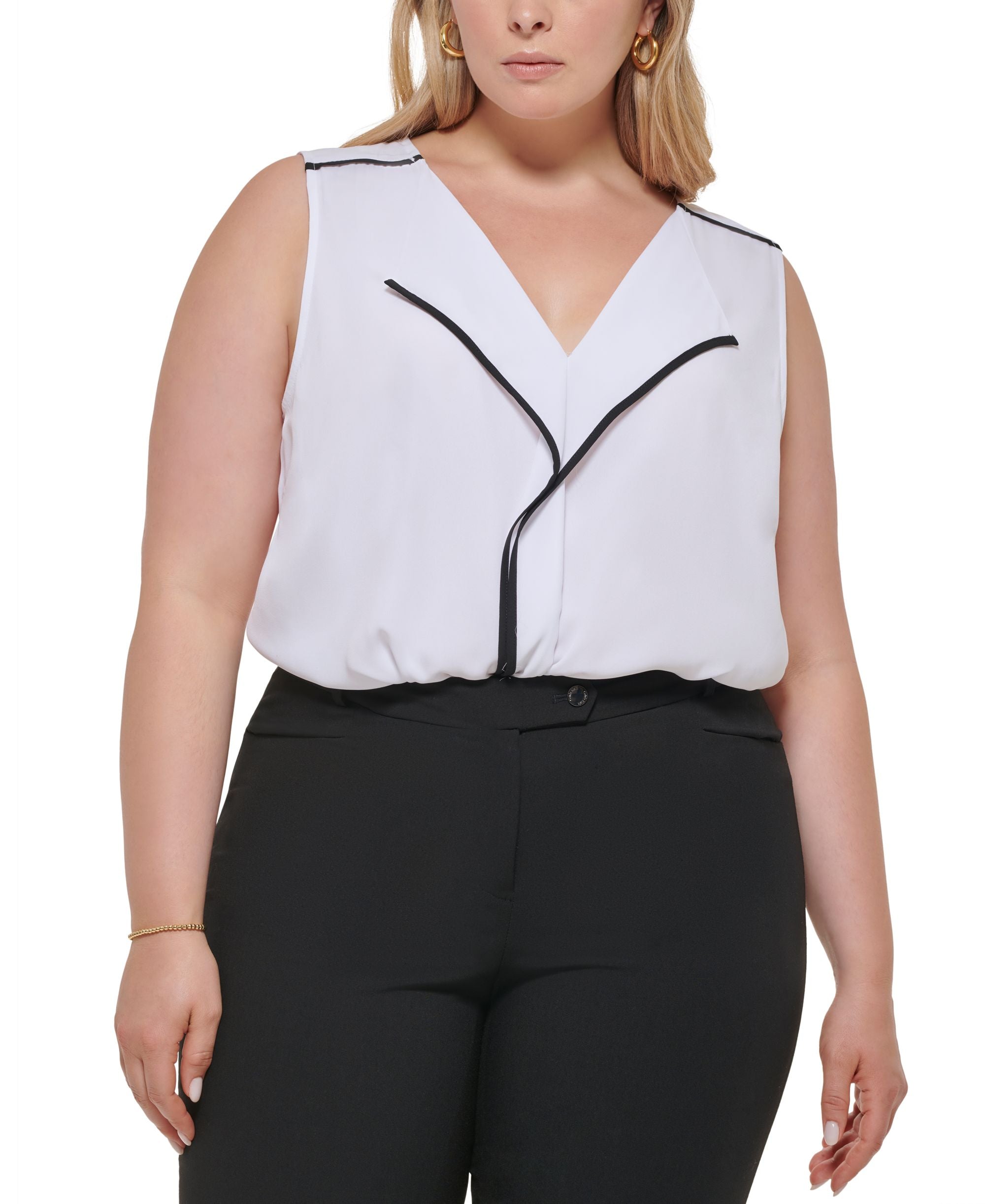 Calvin Klein Plus Size Contrast Trim V Neck Blouse