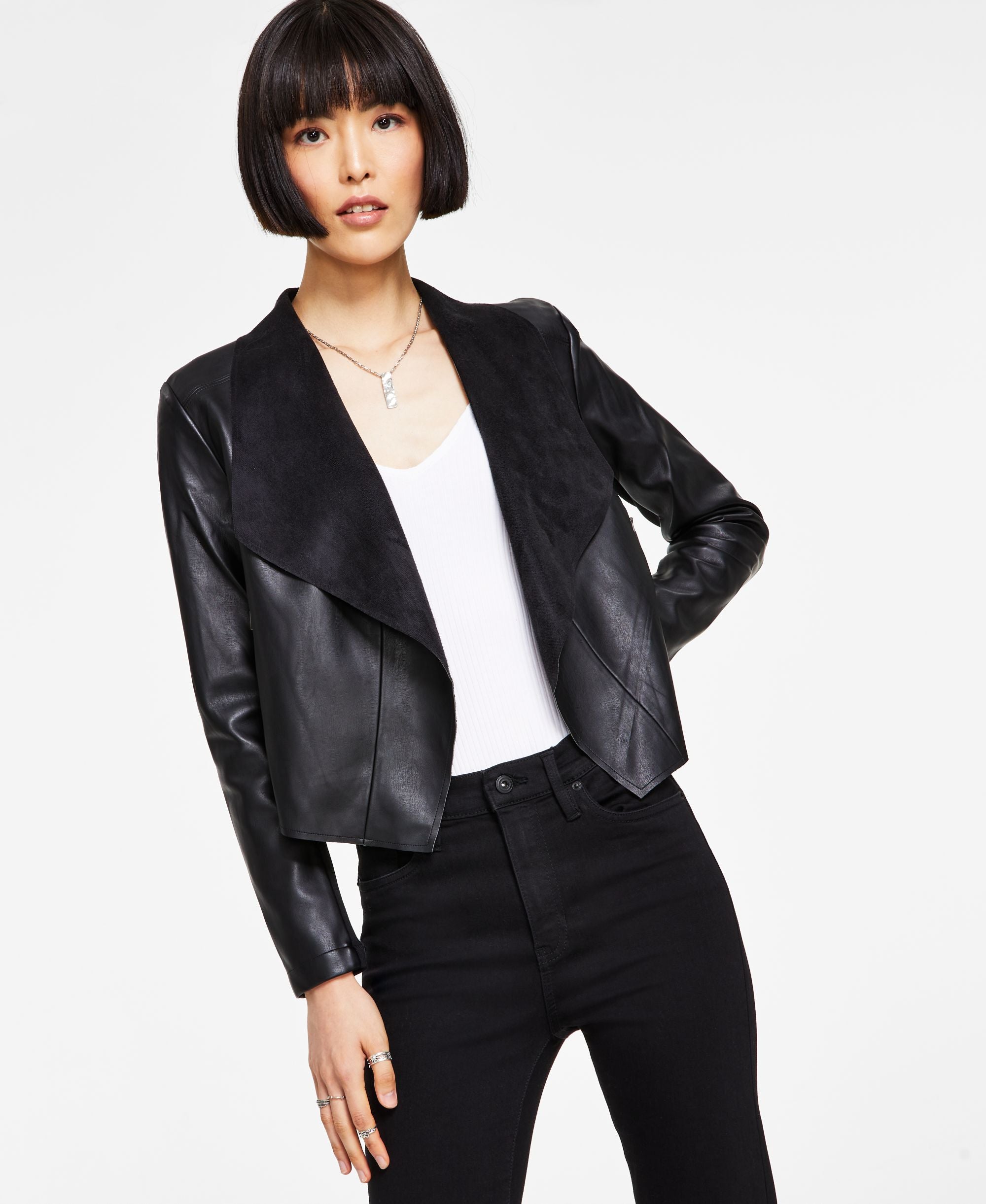 Bar III Womens Faux Leather Flyaway Jacket