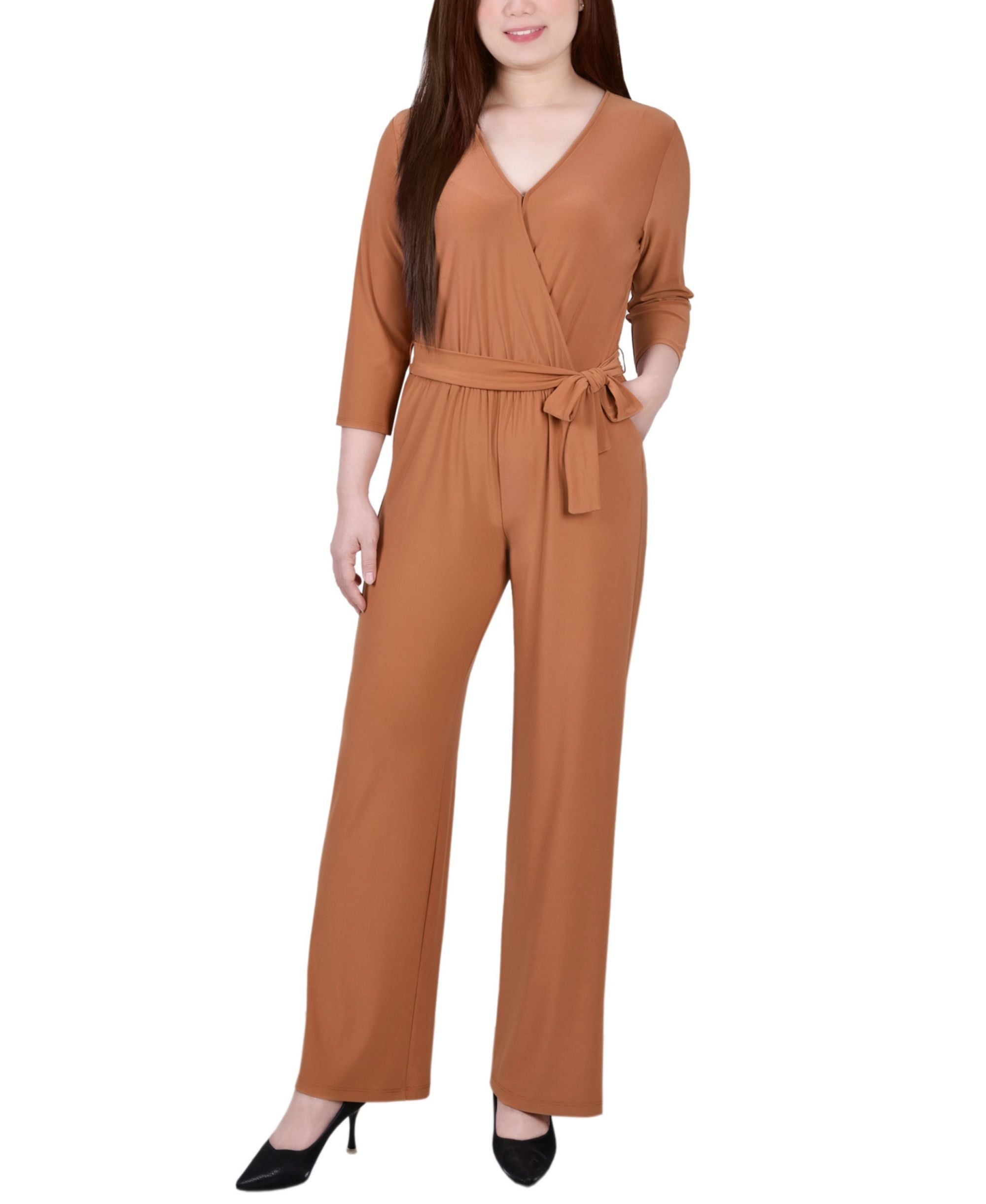 Petite 3/4 Sleeve Belted Wide Leg Jumpsuit