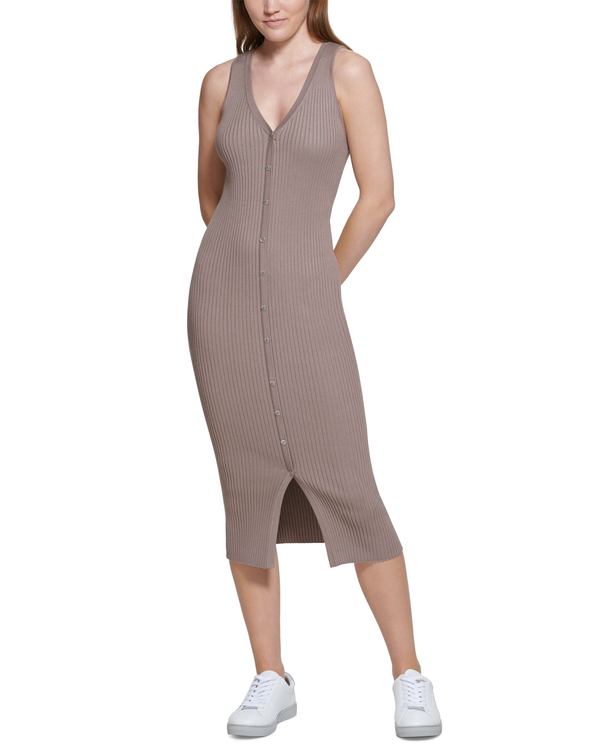 Women's Petite Ribbed Button-Down Midi Dress