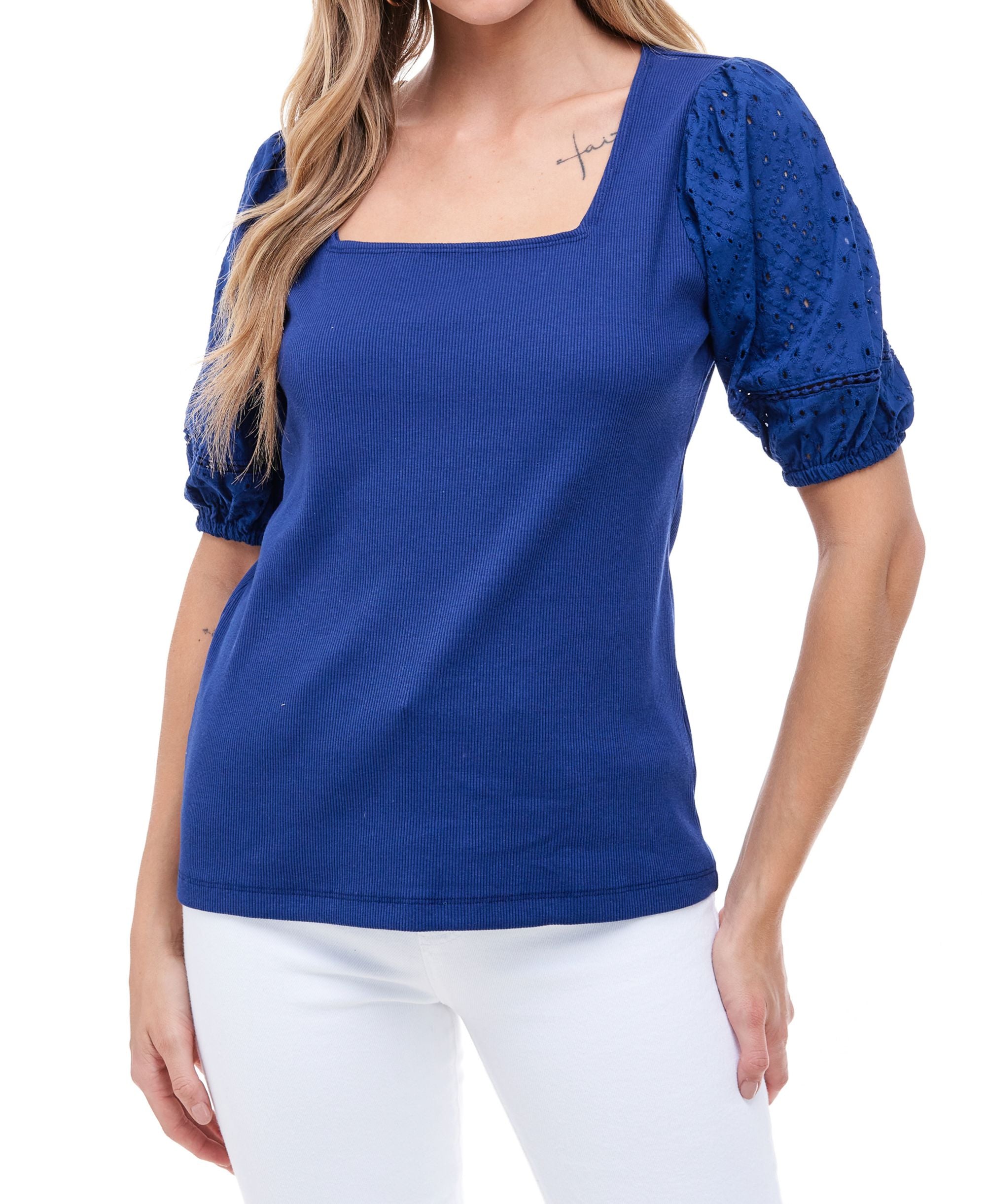 Fever Womens Eyelet Puff Sleeve Top