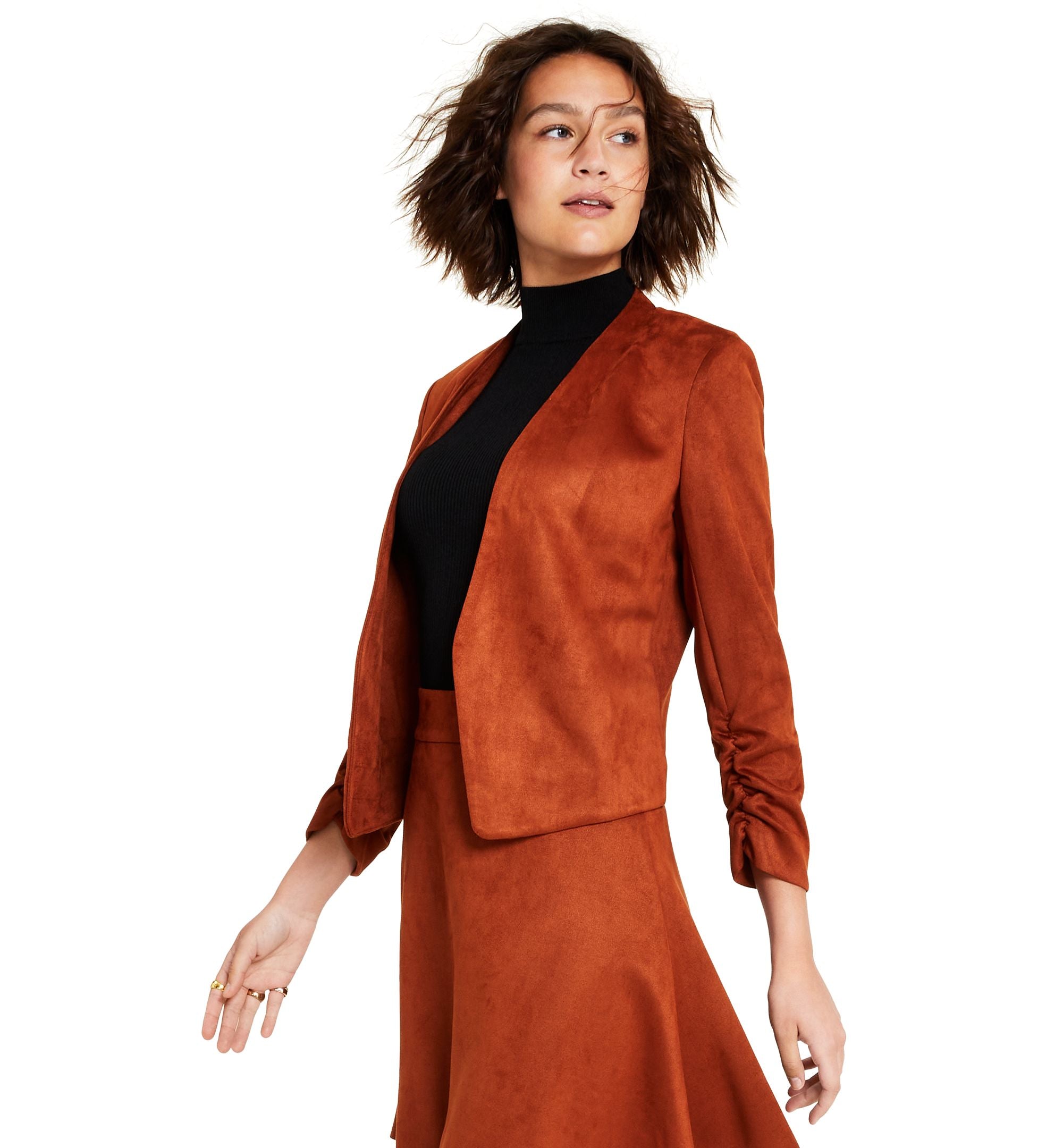 Bar III Womens Faux Suede Scrunched Sleeve Blazer