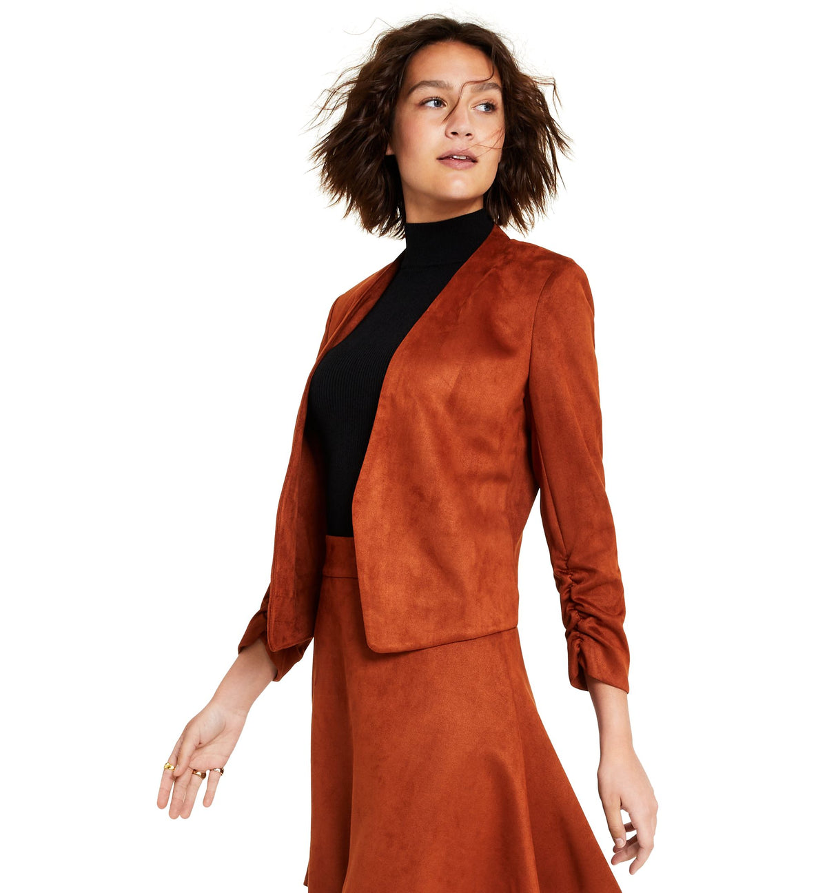 Bar III Womens Faux Suede Scrunched Sleeve Blazer