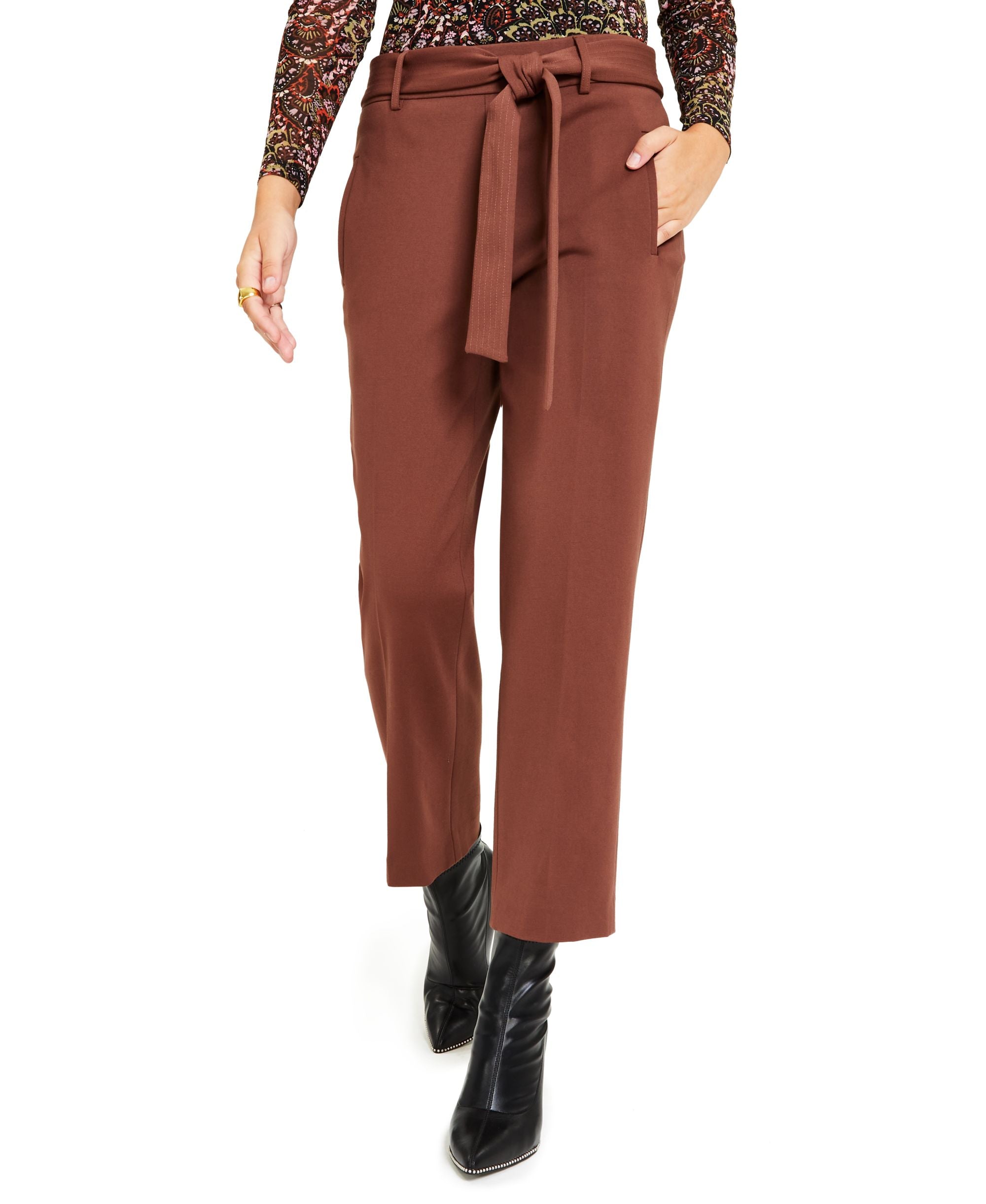 Bar III Womens Tie Waist Straight Leg Ankle Pants