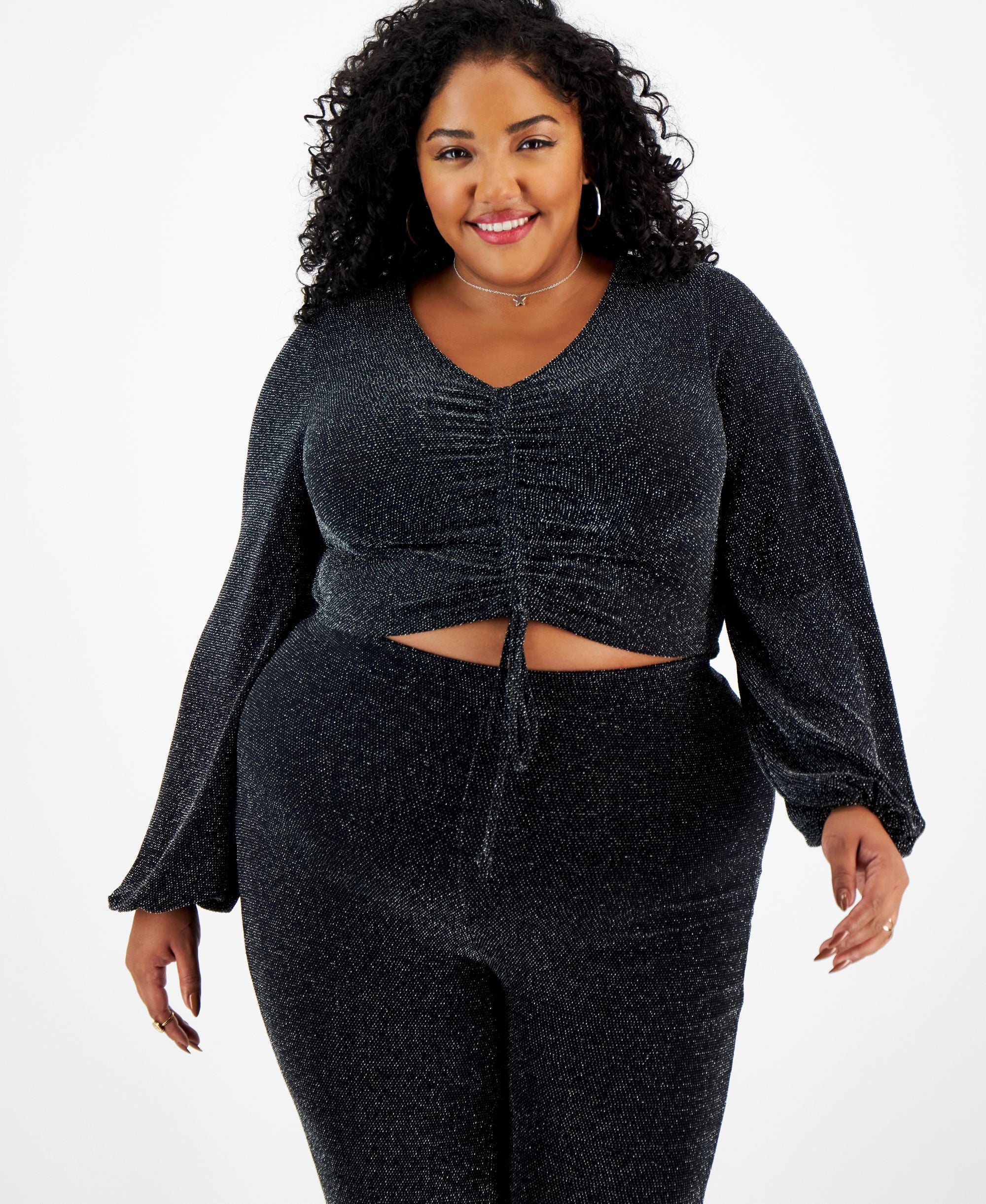 Plus Size Embellished V-Neck Drawstring Crop Top