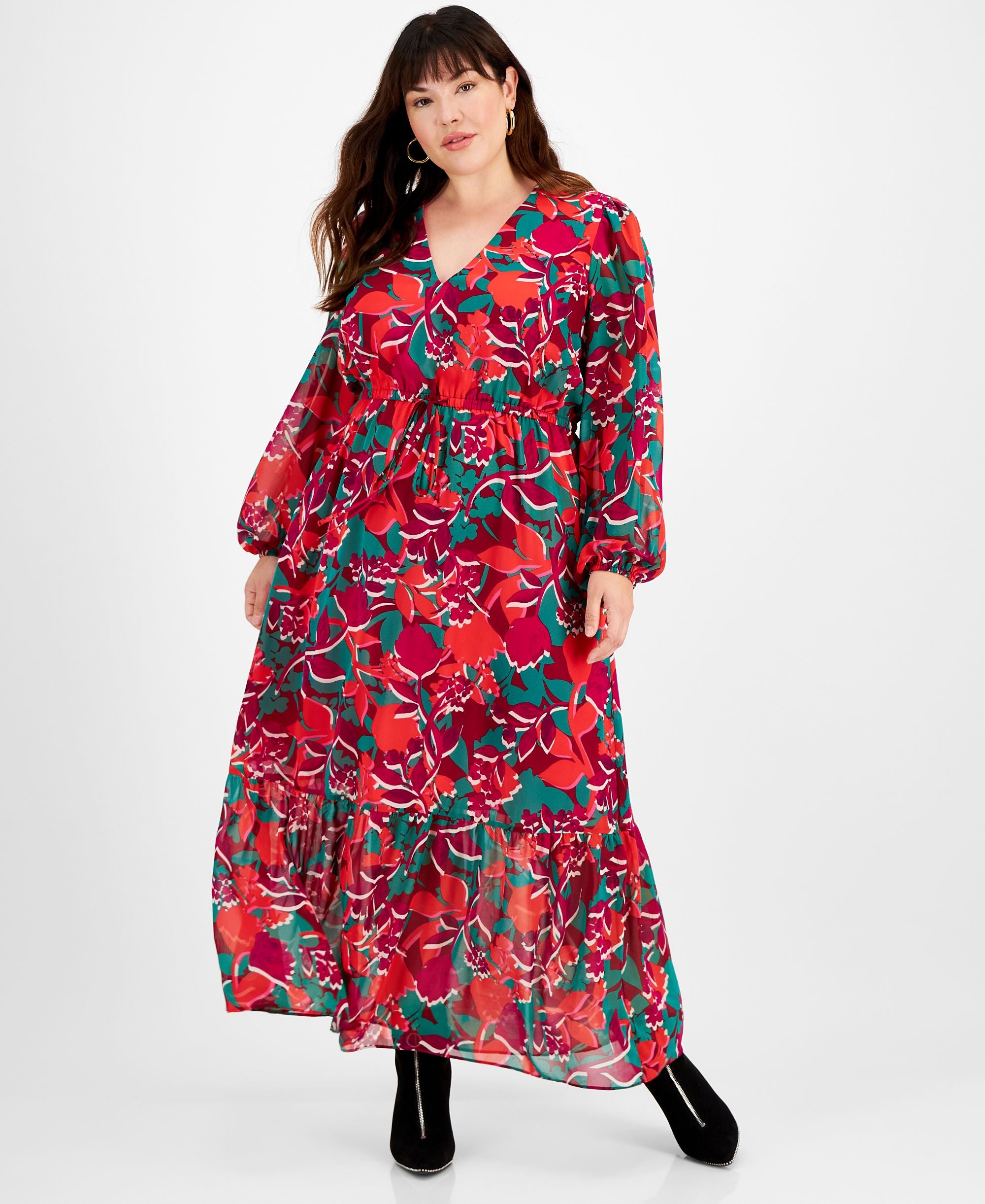 Plus Size Floral-Print Long-Sleeve Maxi Dress