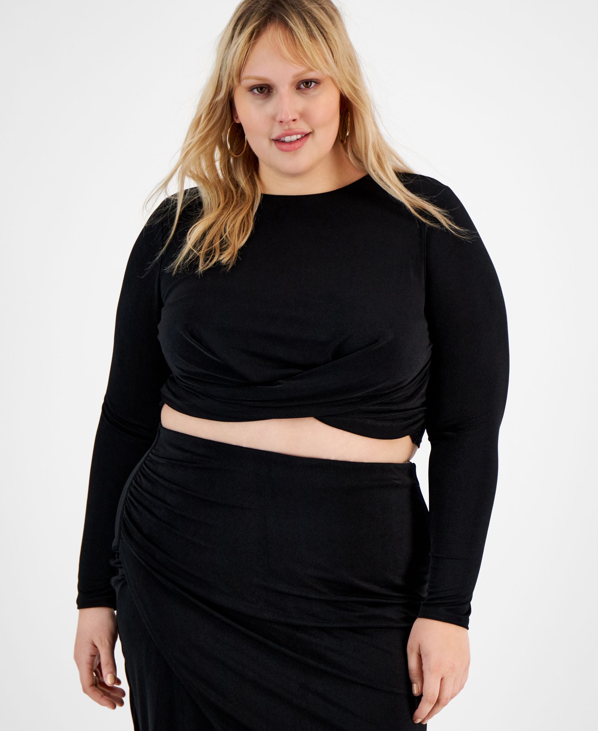 Bar III Plus Size Long Sleeve Crossover Cropped Top