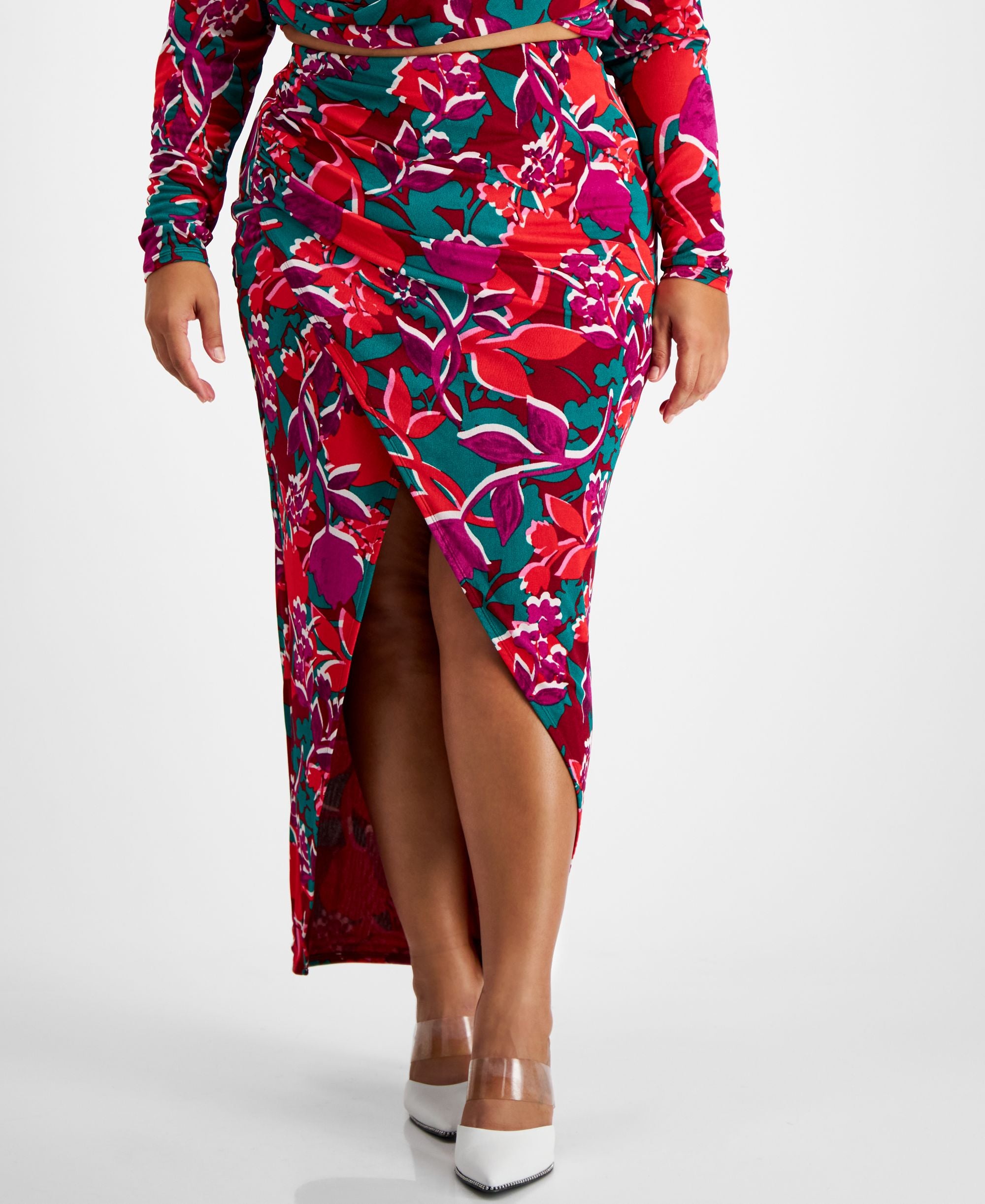 Bar III Plus Size Printed Slit Front Pull On Midi Skirt