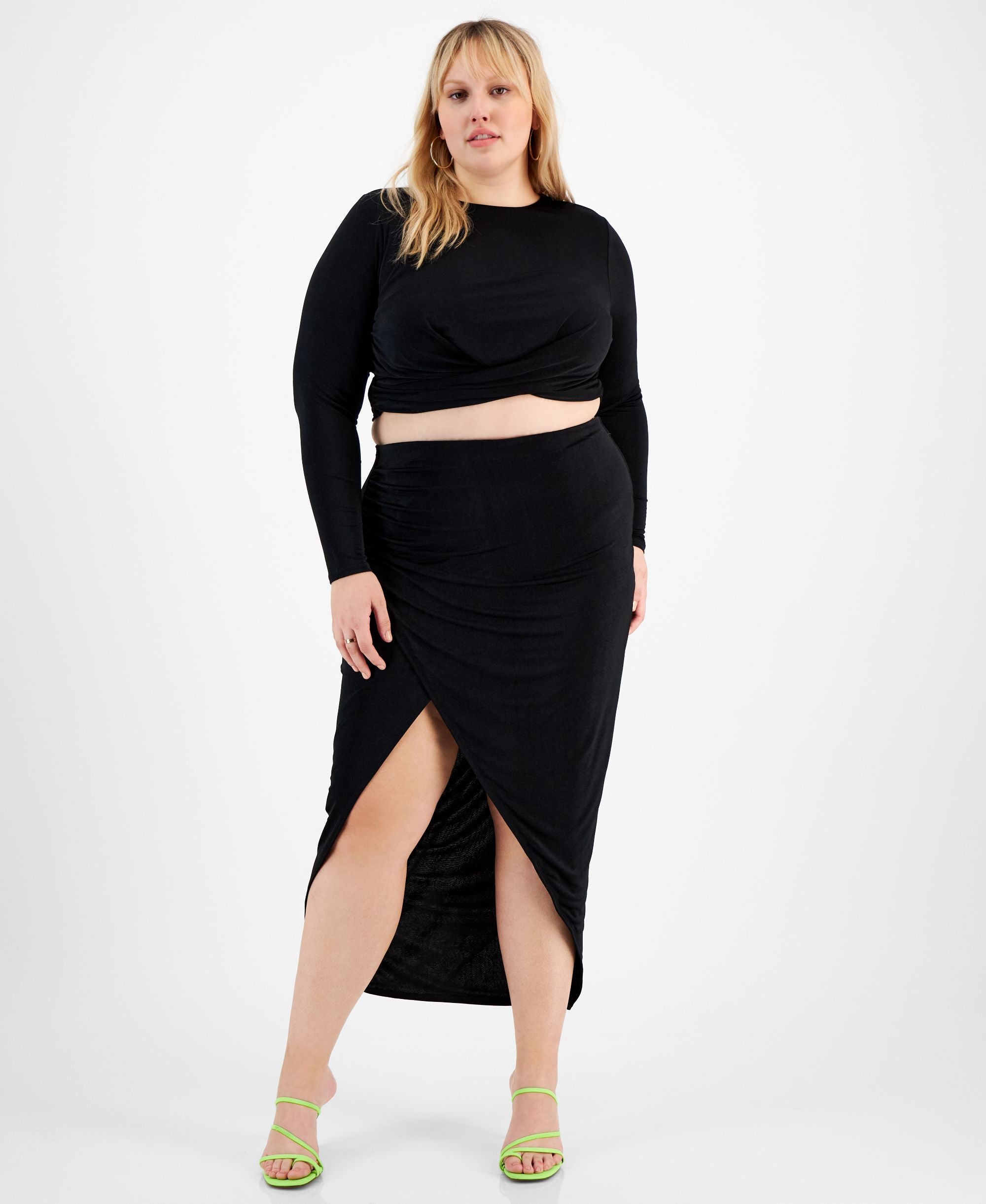 Plus Size Slinky Pull-On Slit-Front Midi Skirt