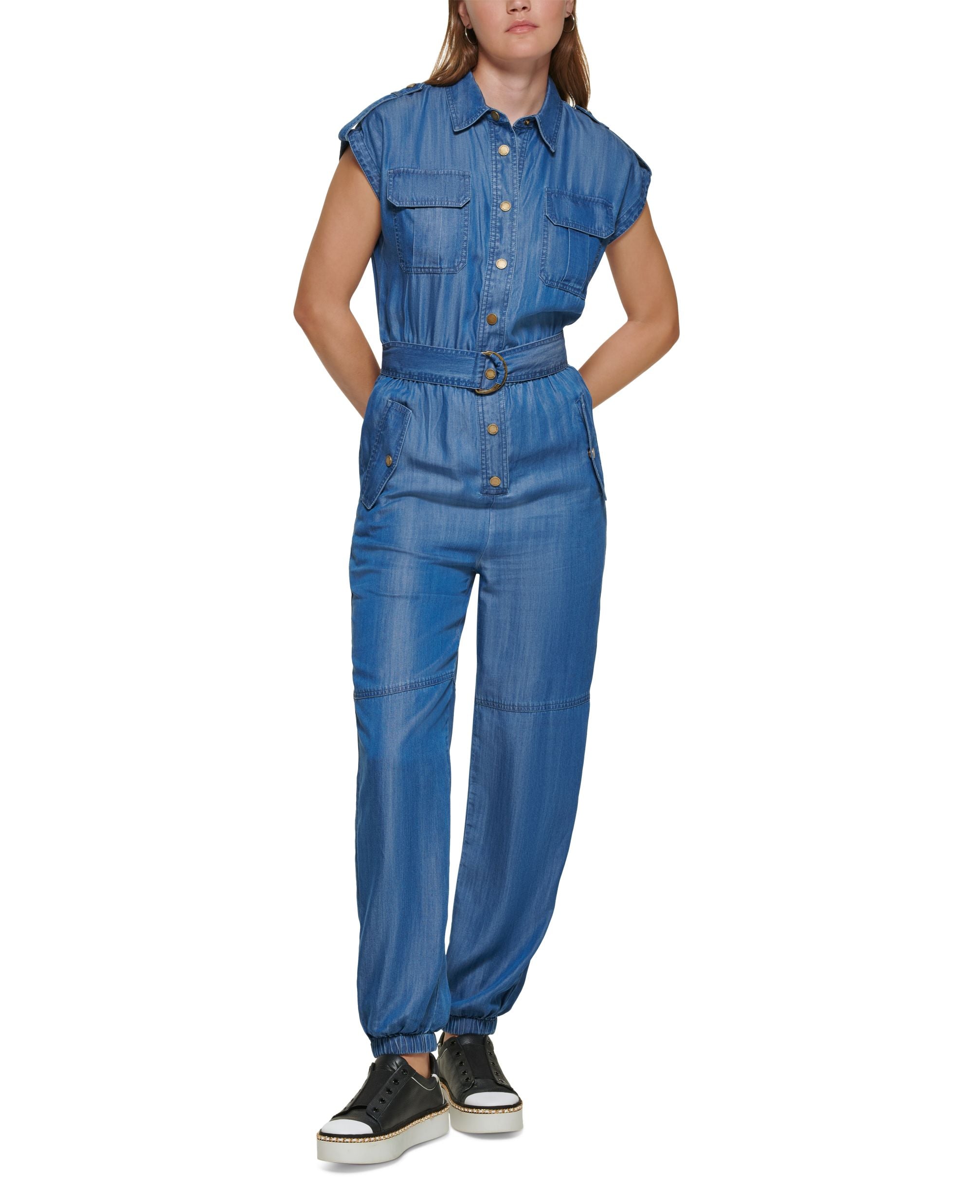 Karl Lagerfeld Paris Womens Belted Utility Jumpsuit