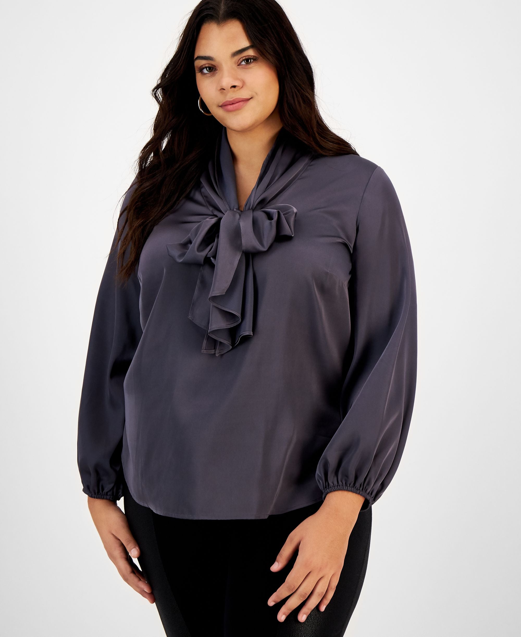 Plus Size Bow-Tie Long-Sleeve Blouse
