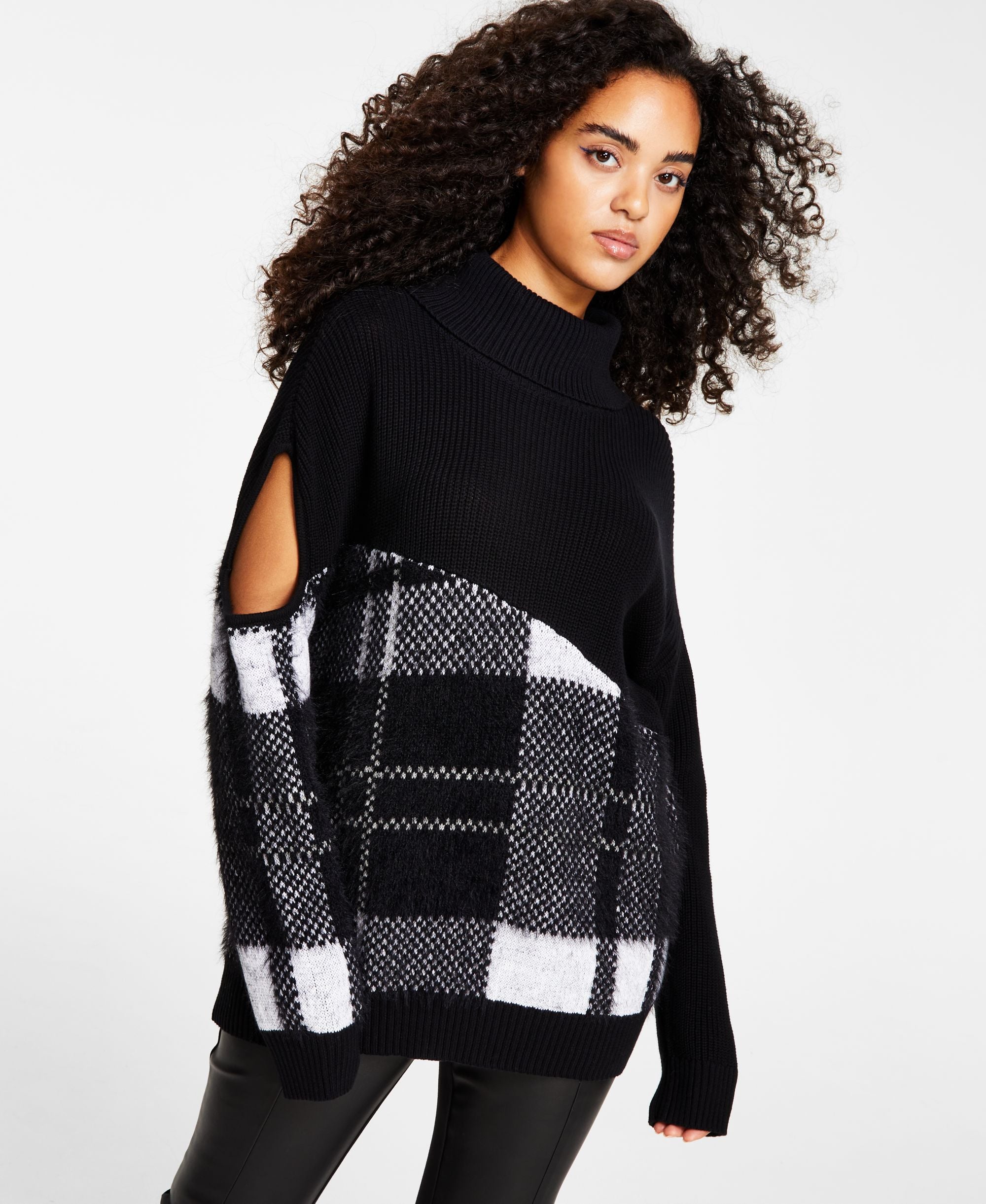 Bar III Plaid Cutout Turtleneck Sweater