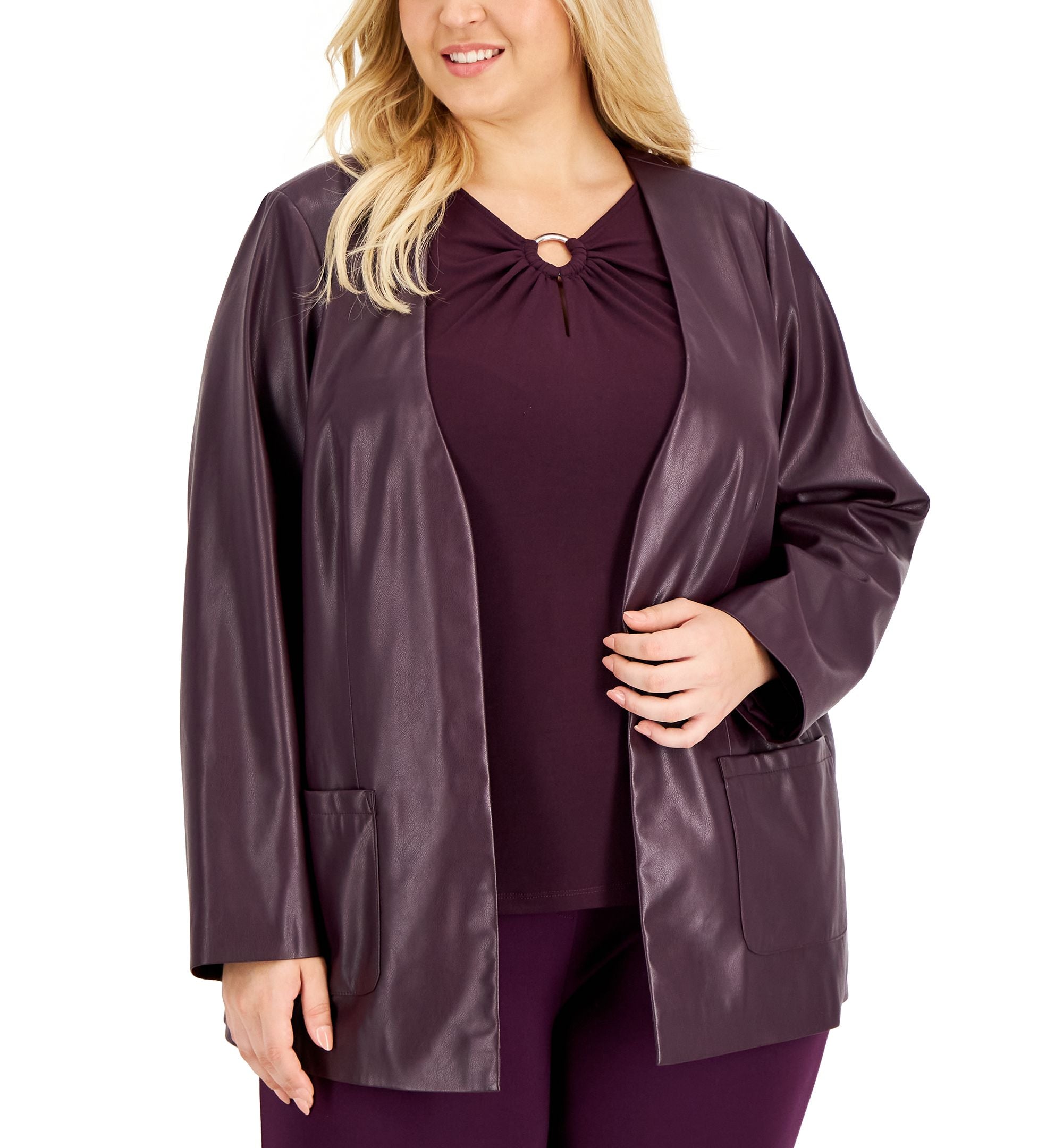 Calvin Klein Plus Size Faux Leather Open Front Jacket