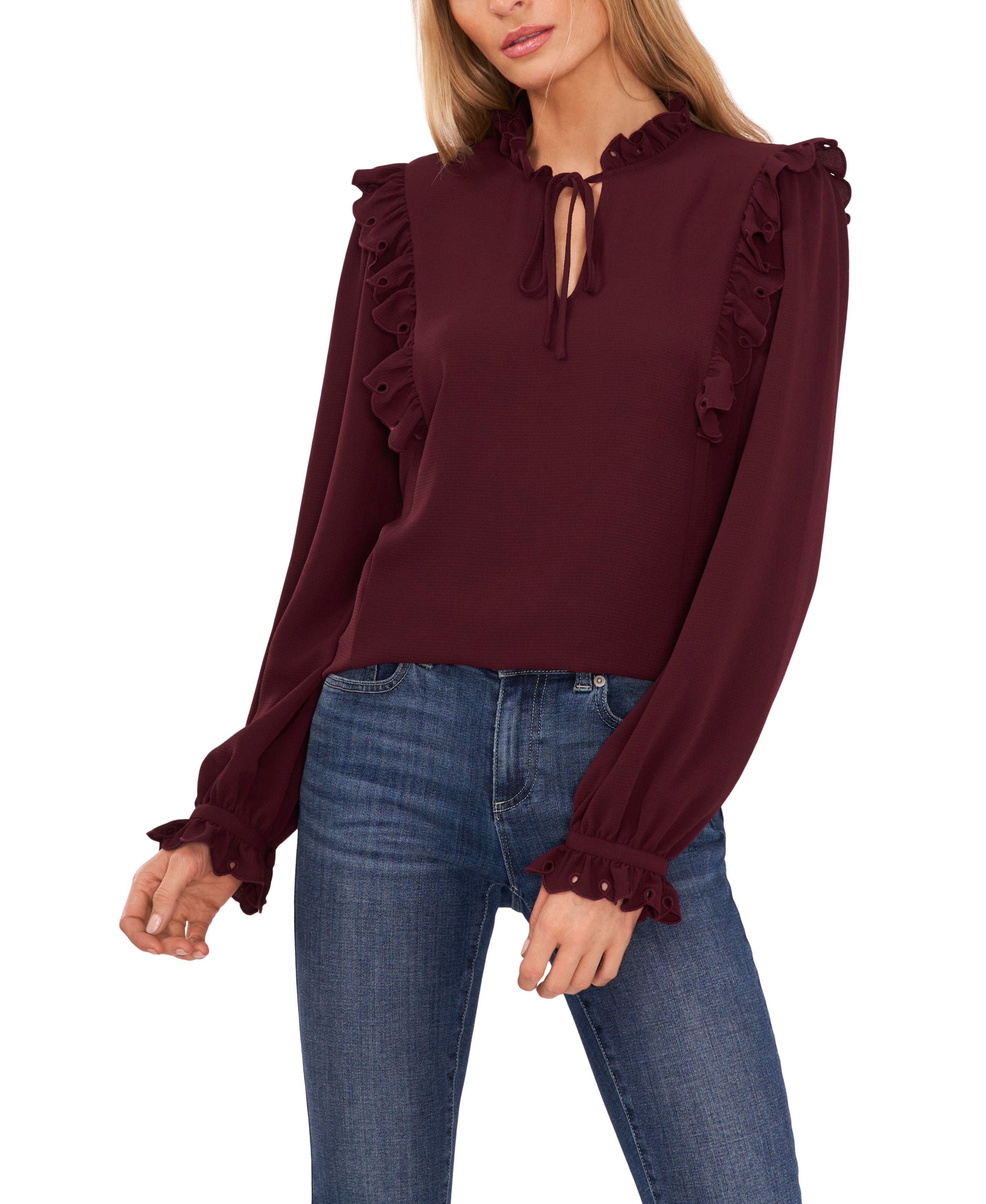 Women's Long Sleeve Ruffled Tie-Neck Blouse