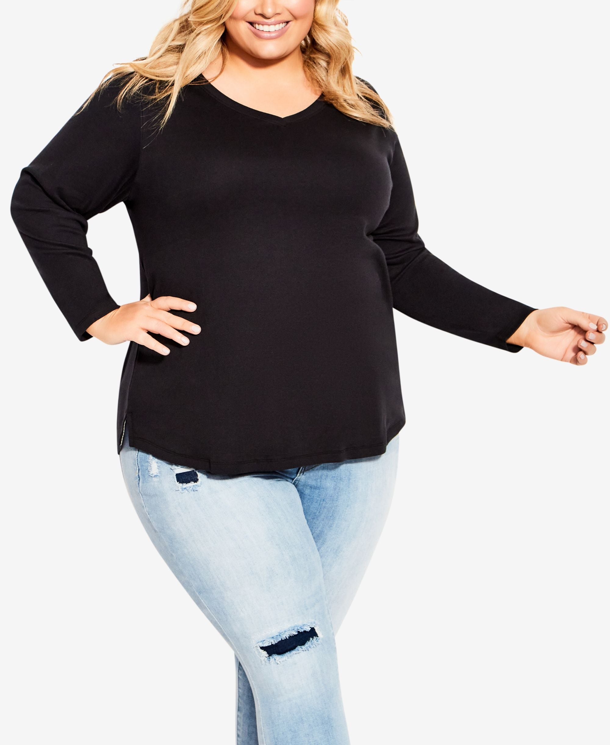 Plus Size V Neck Essential Long Sleeve T-Shirt