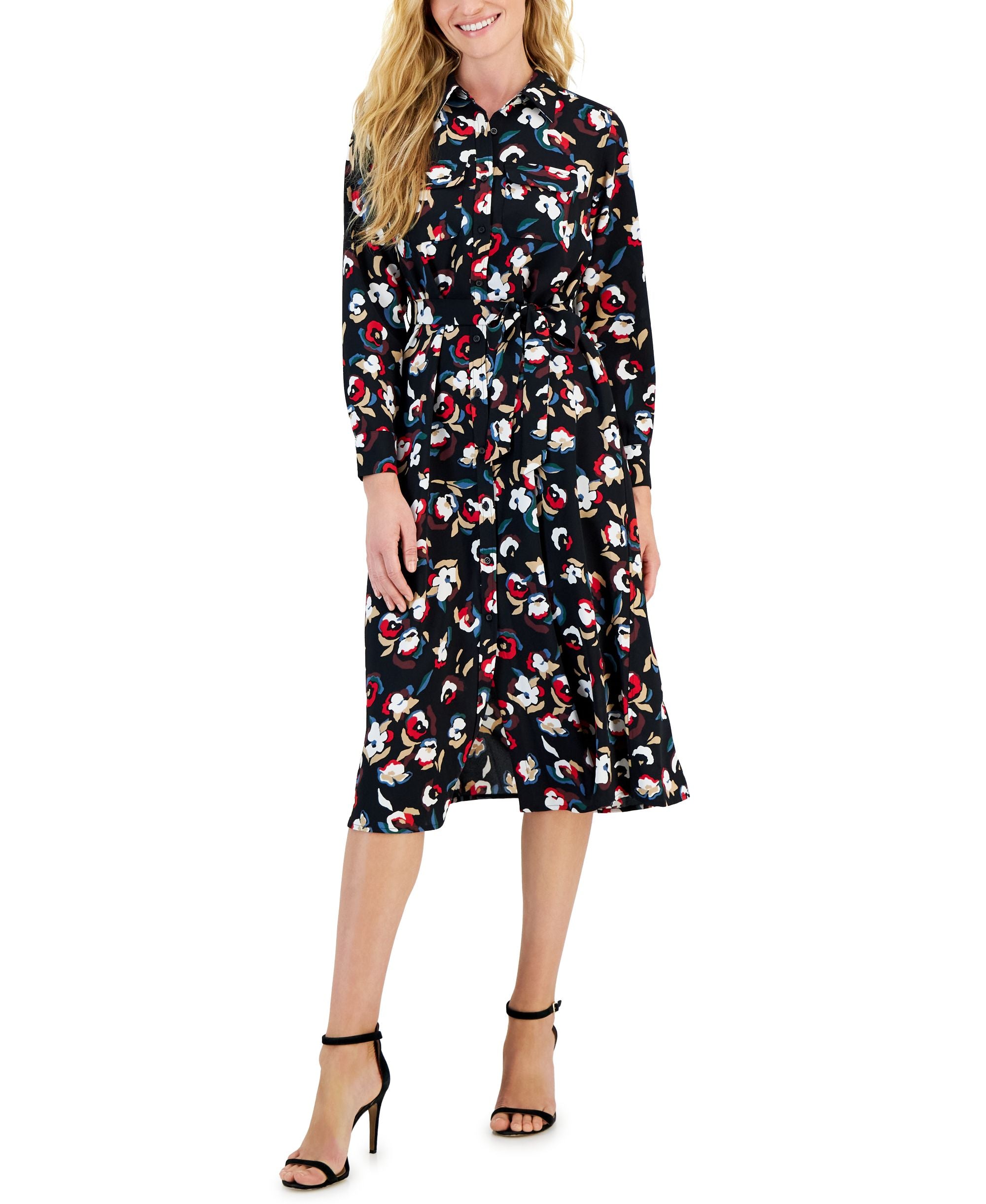 Petite Printed Long-Sleeve Tie-Belt Shirtdress