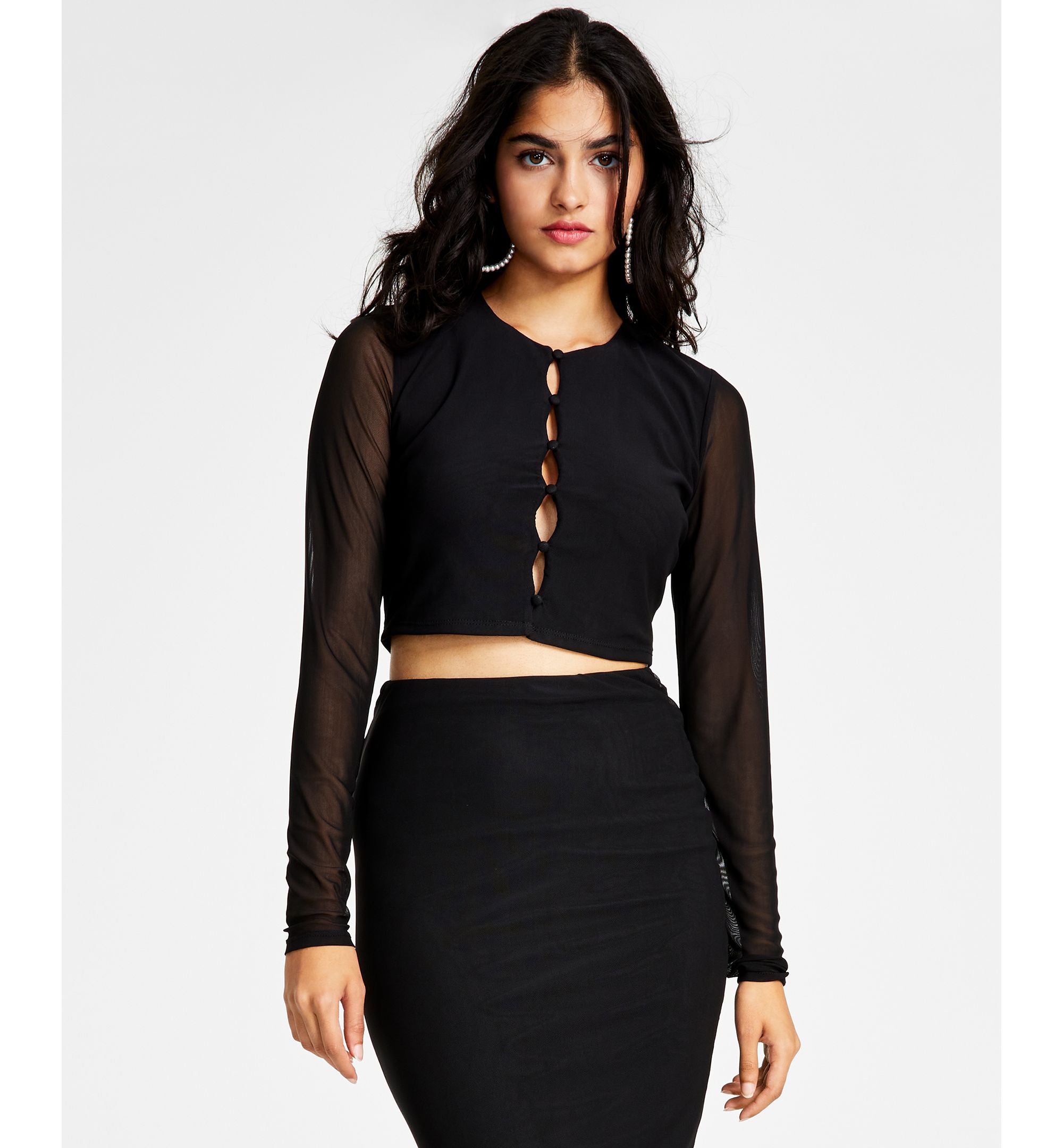 Bar III Womens Button Front Cutout Mesh Sleeve Crop Top