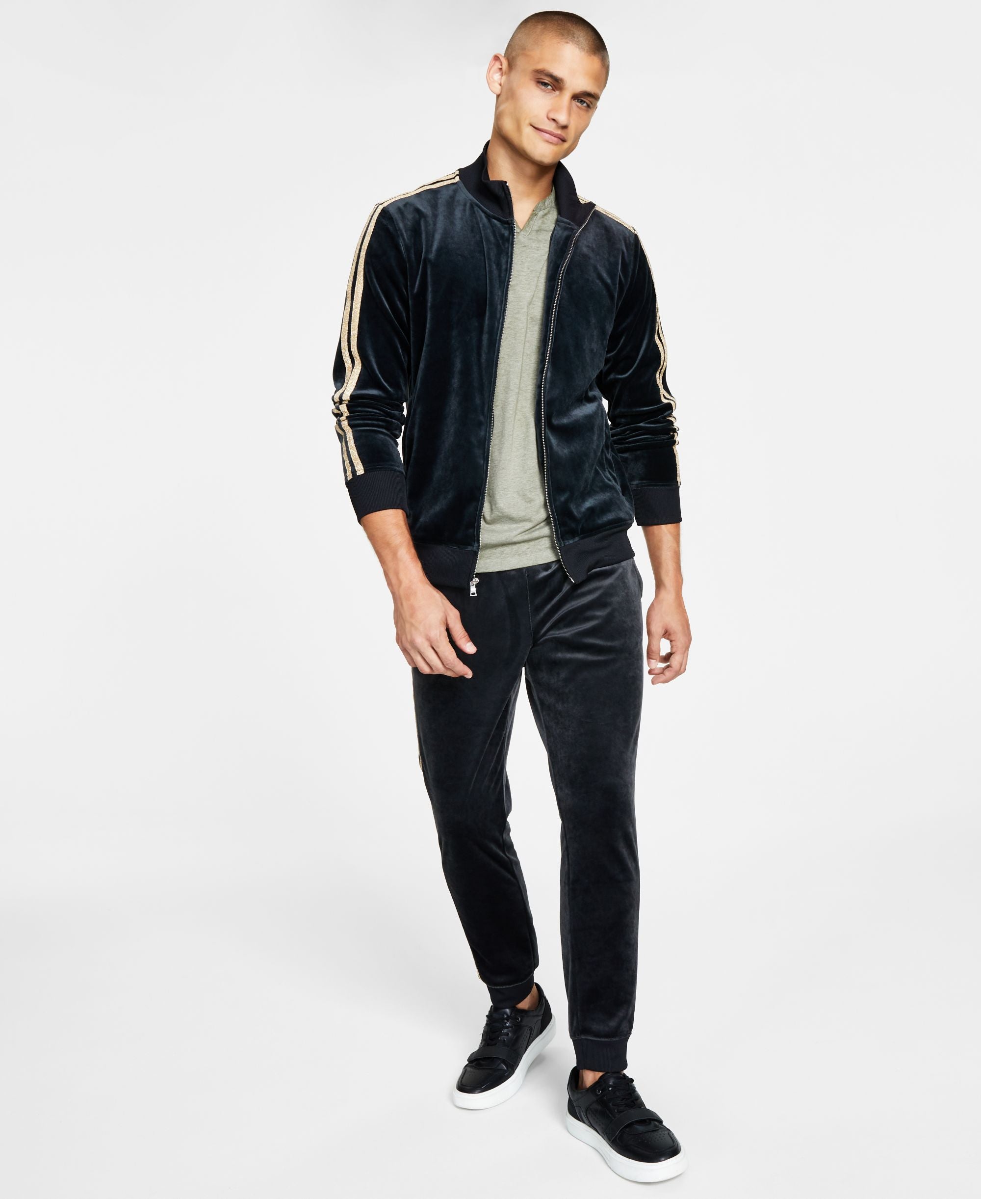 International Concepts Mens Regular Fit Taped Full Zip Velour Track Jacket