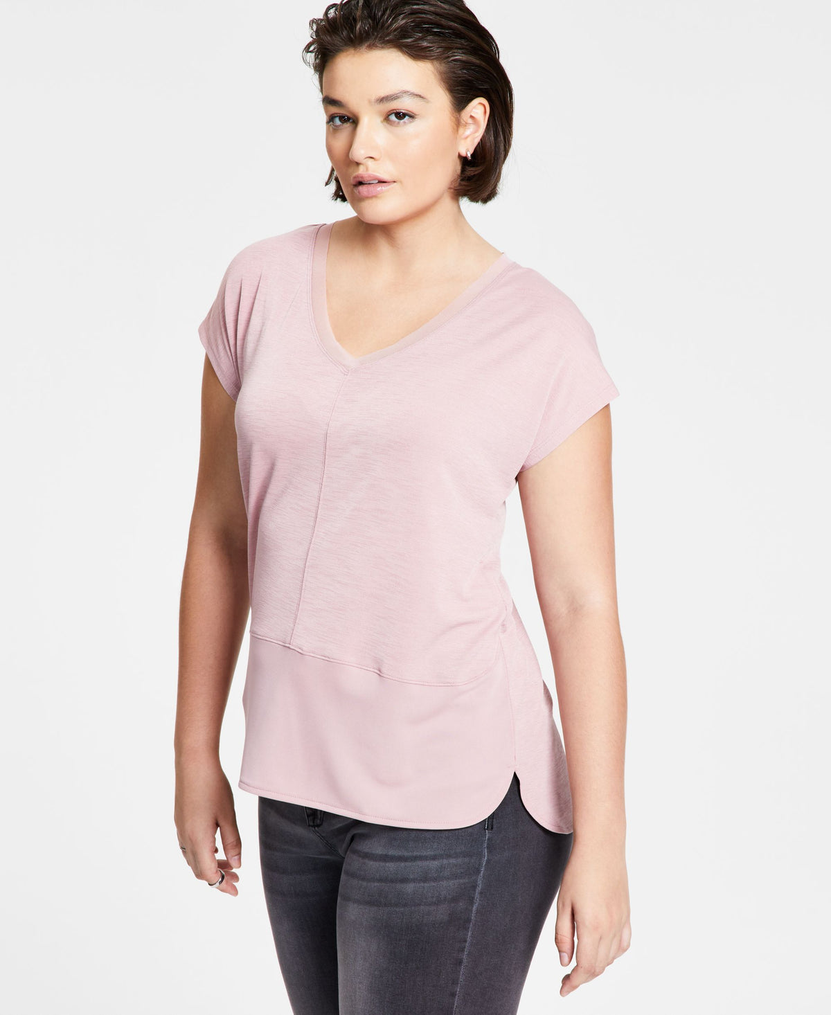 V-Neck Mixed-Media Mesh Top