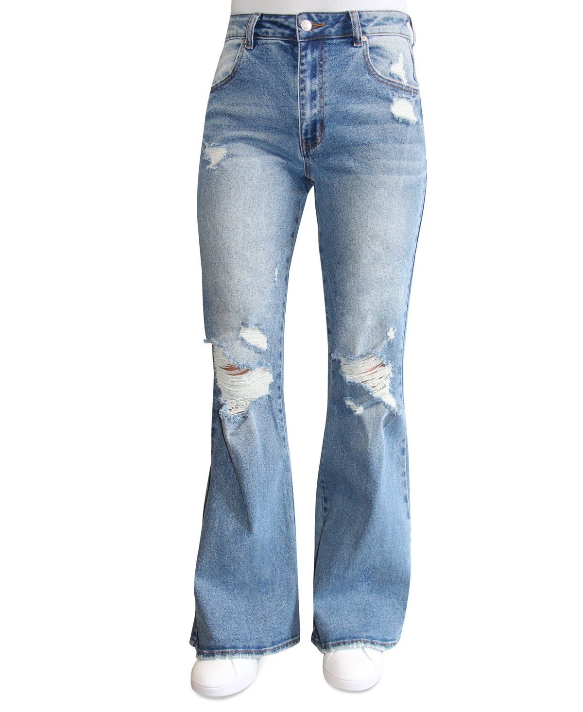 Juniors' Destructed '90s High Rise Flared Jeans