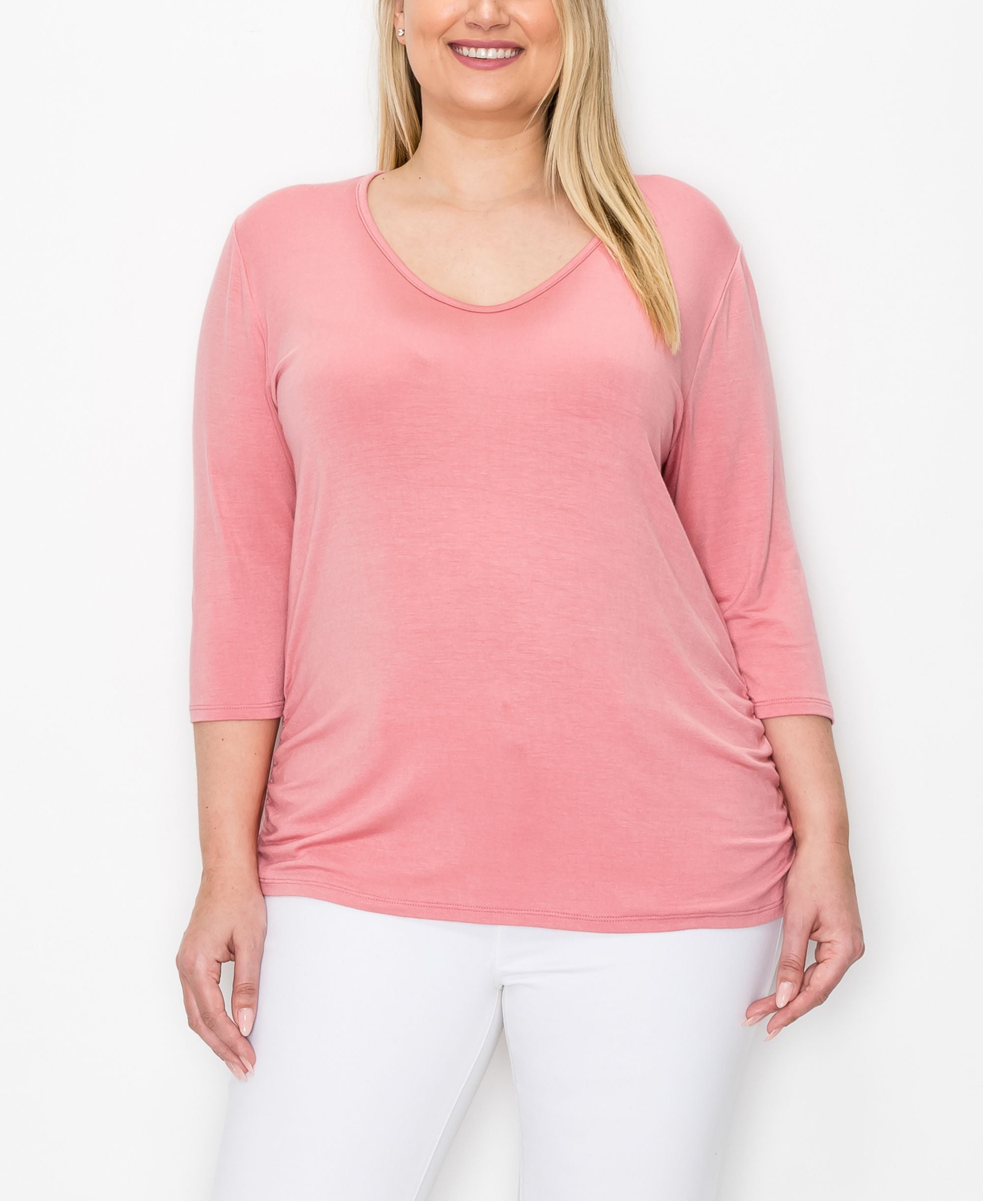 Coin 1804 Plus Size V Neck Side Ruched 3/4 Sleeve Top
