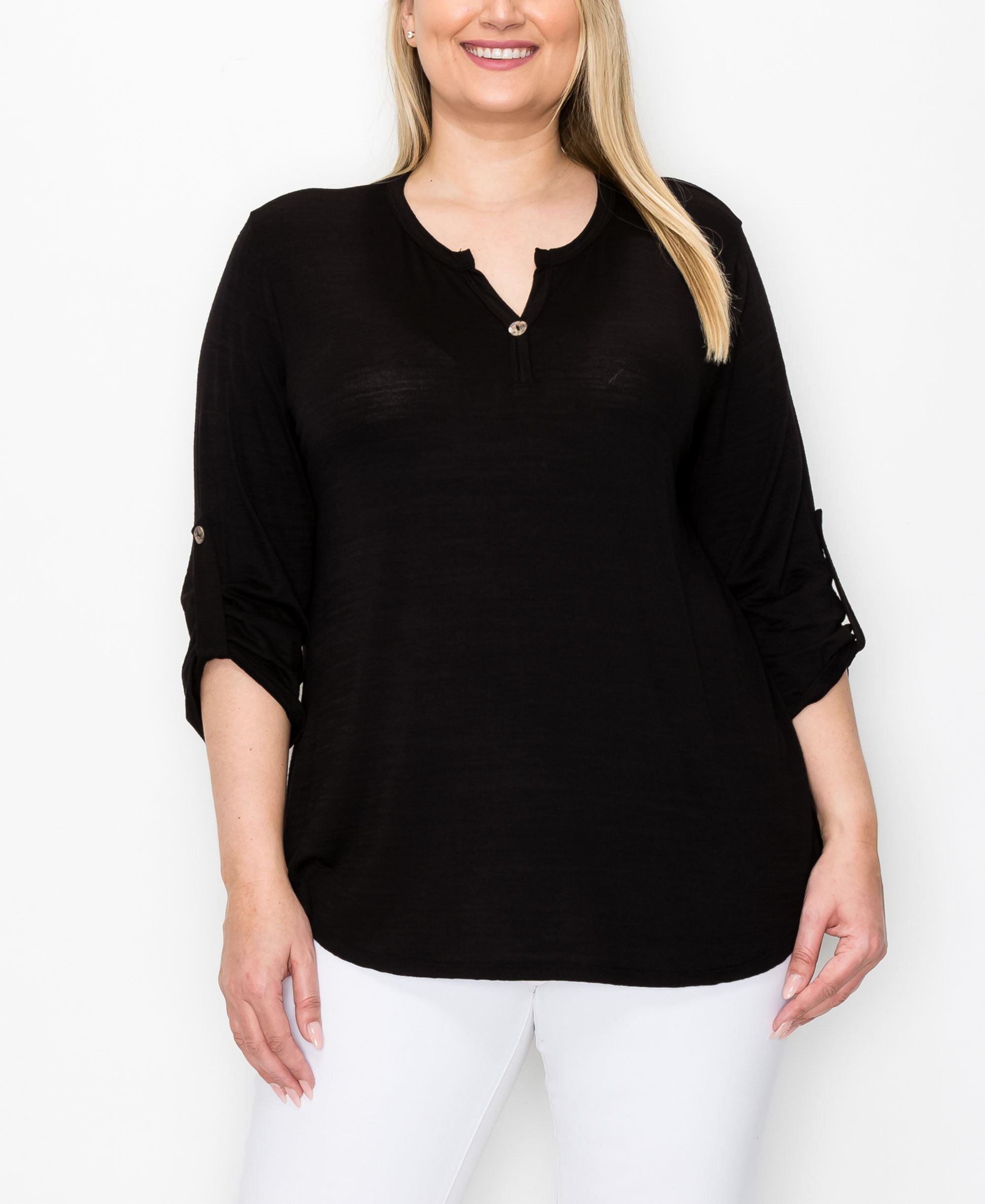 Coin 1804 Plus Size 1 Button Henley Rolled Tab 3/4 Sleeve Top