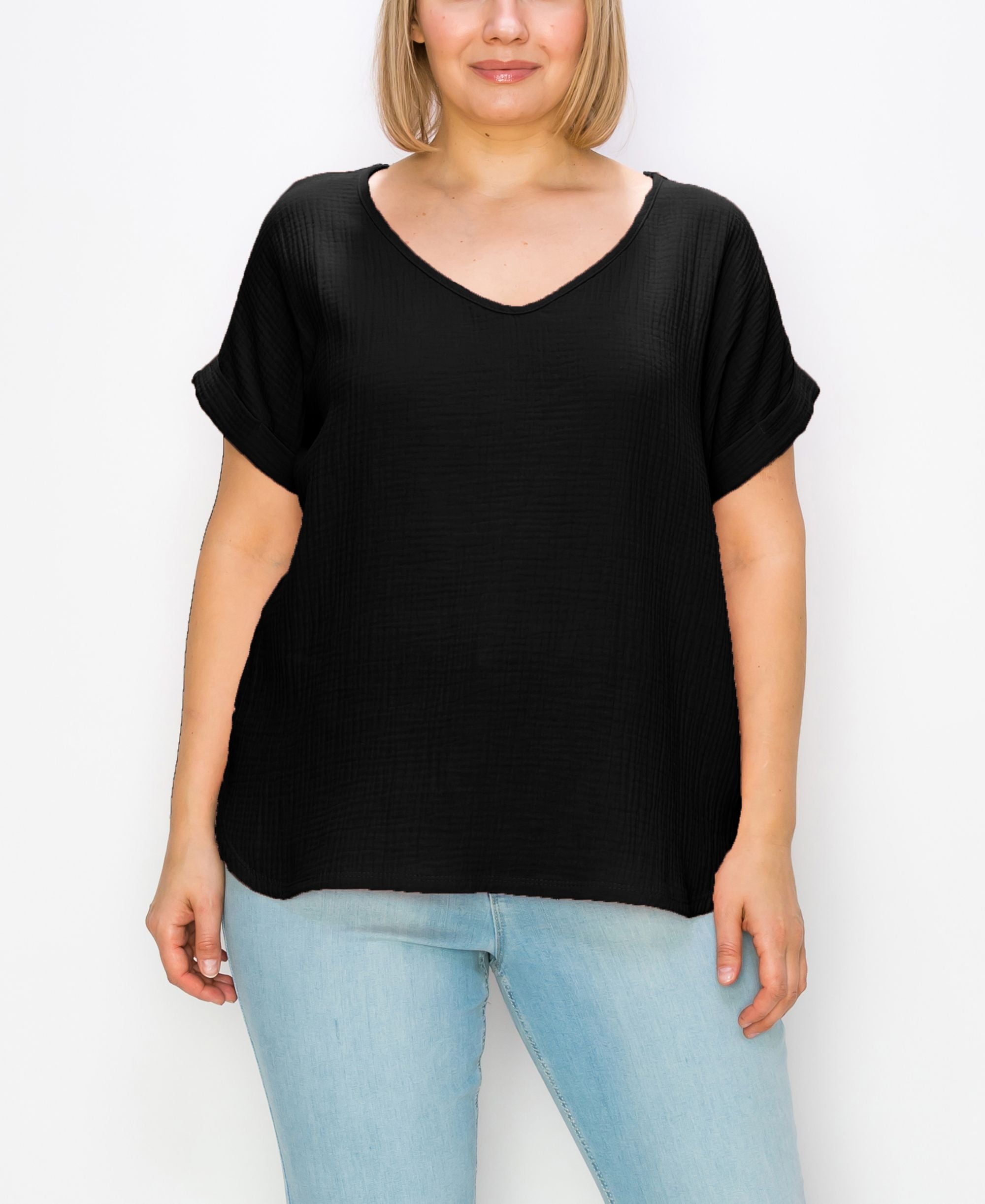 Plus Size Gauze V-neck Rolled Sleeve Top