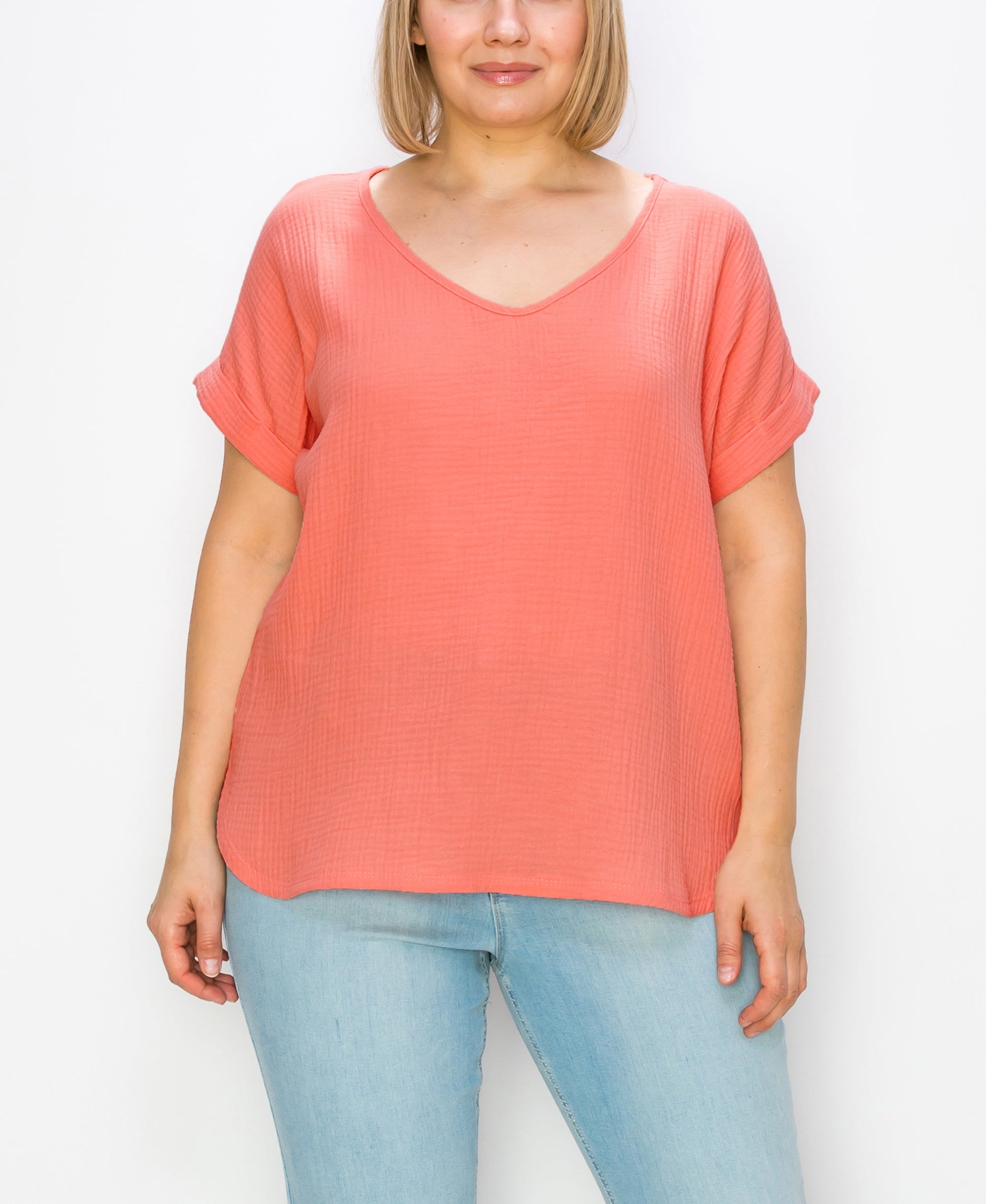 Plus Size Gauze V-neck Rolled Sleeve Top