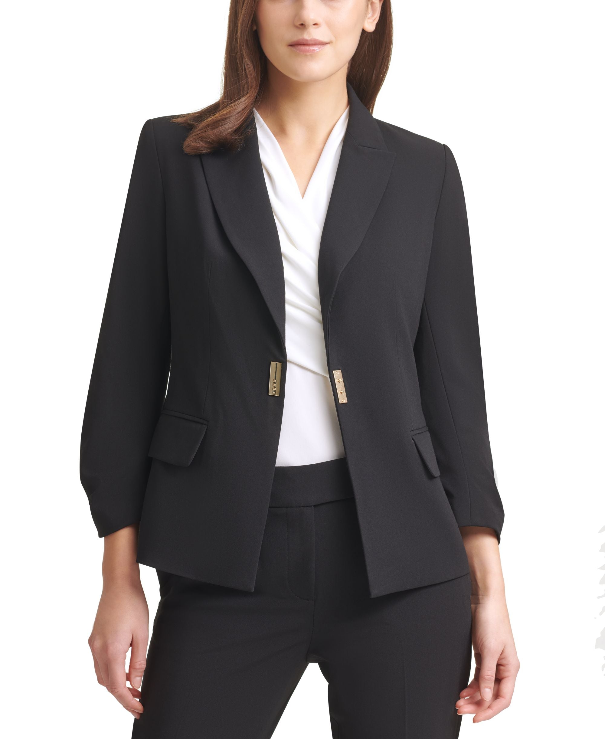 DKNY Petite Ruched Sleeve Logo Clasp Blazer