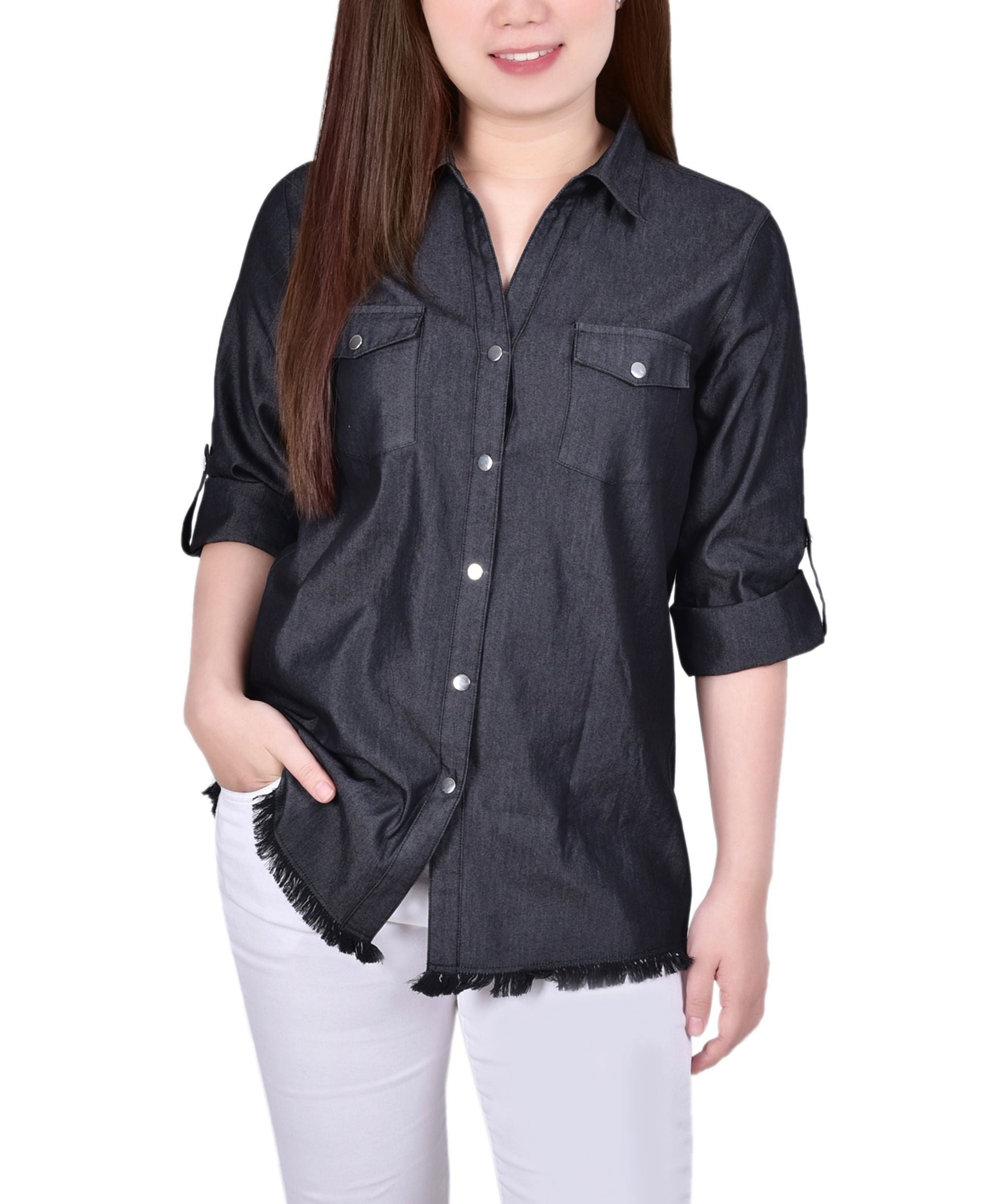 Petite Size 3/4 Roll Tab Chambray Blouse