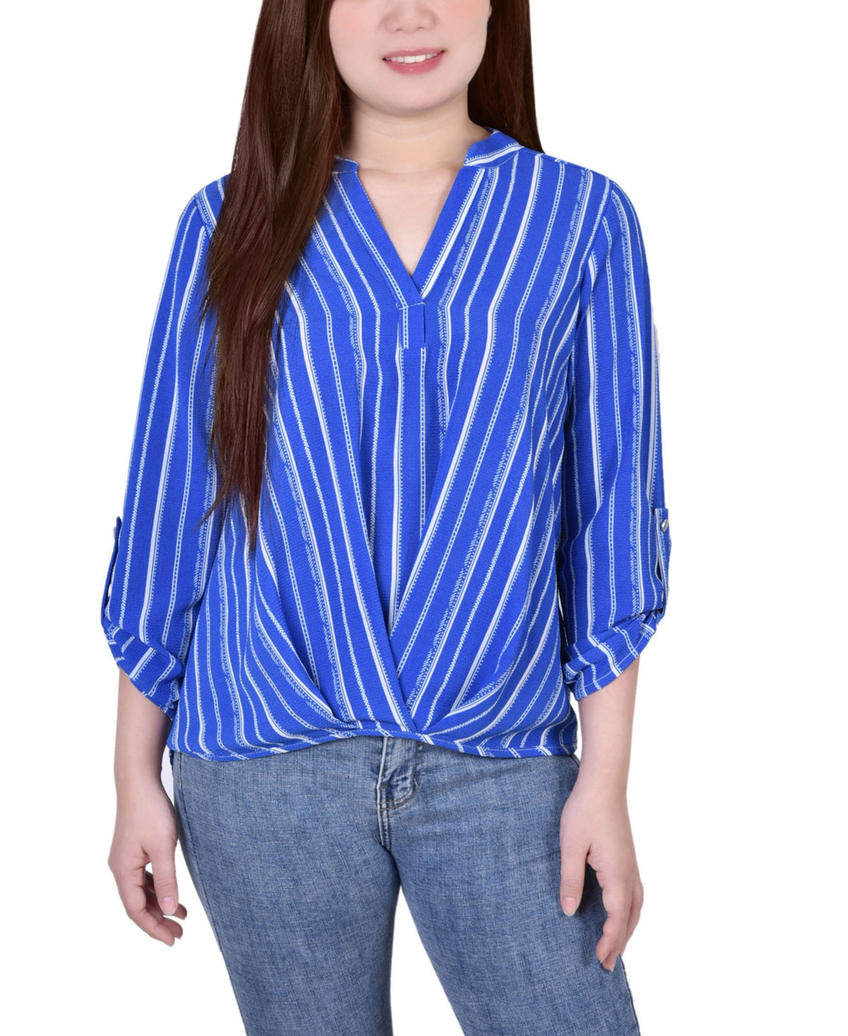 Petite Size 3/4 Push Tab Mandarin Collar Blouse with Front Pleats
