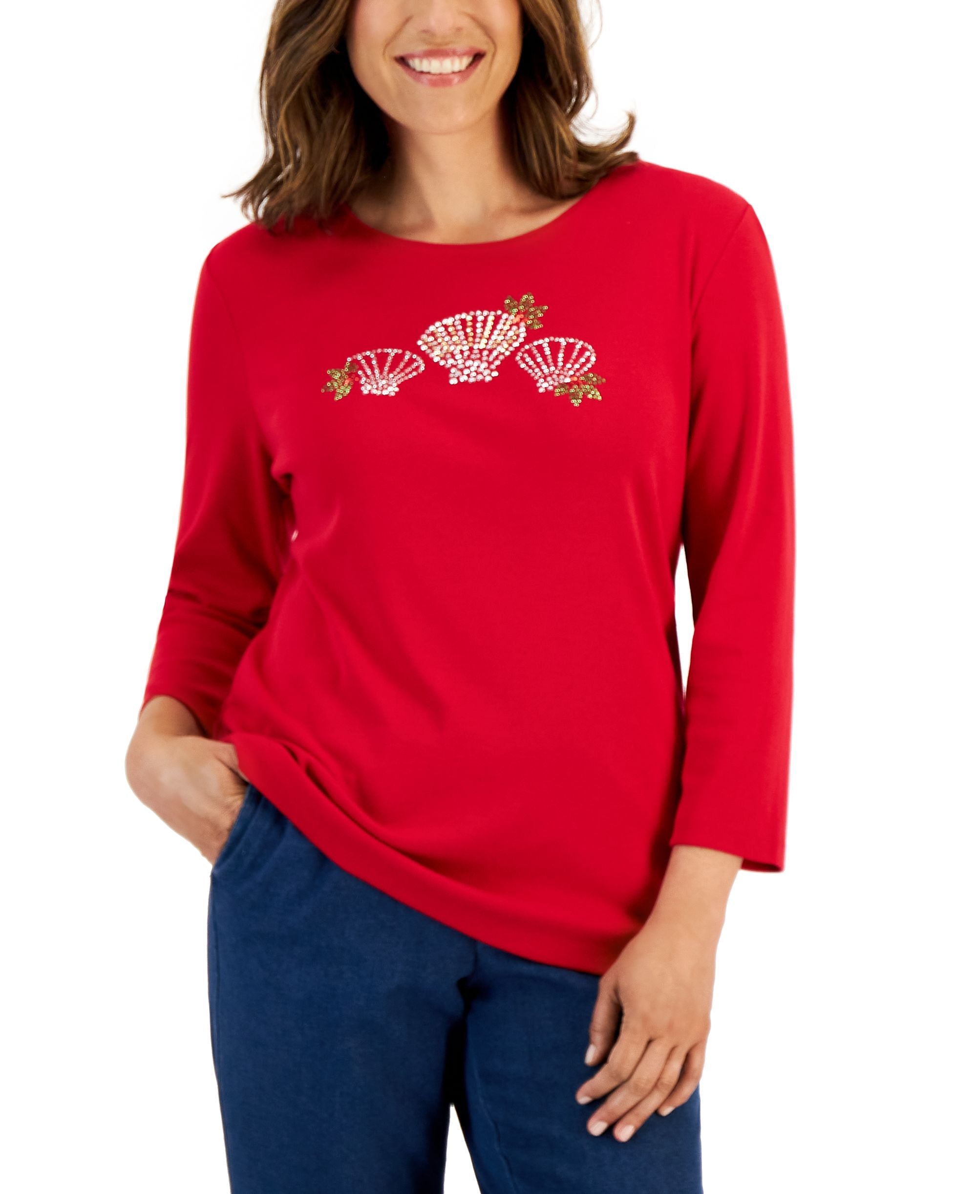 Karen Scott Petite Holiday Print 3/4 Sleeve Tops