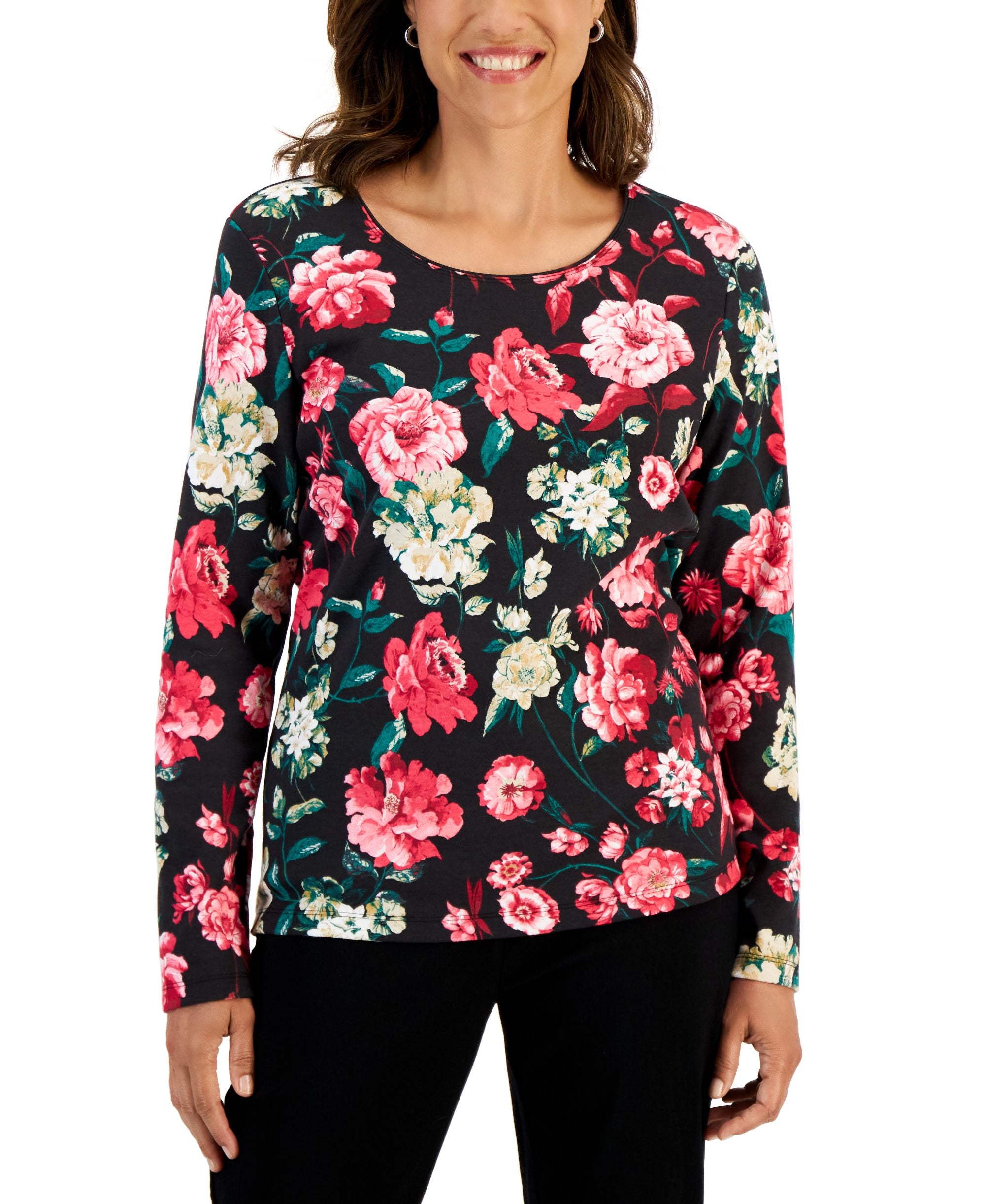 Karen Scott Womens Long Sleeve Rose Print Top