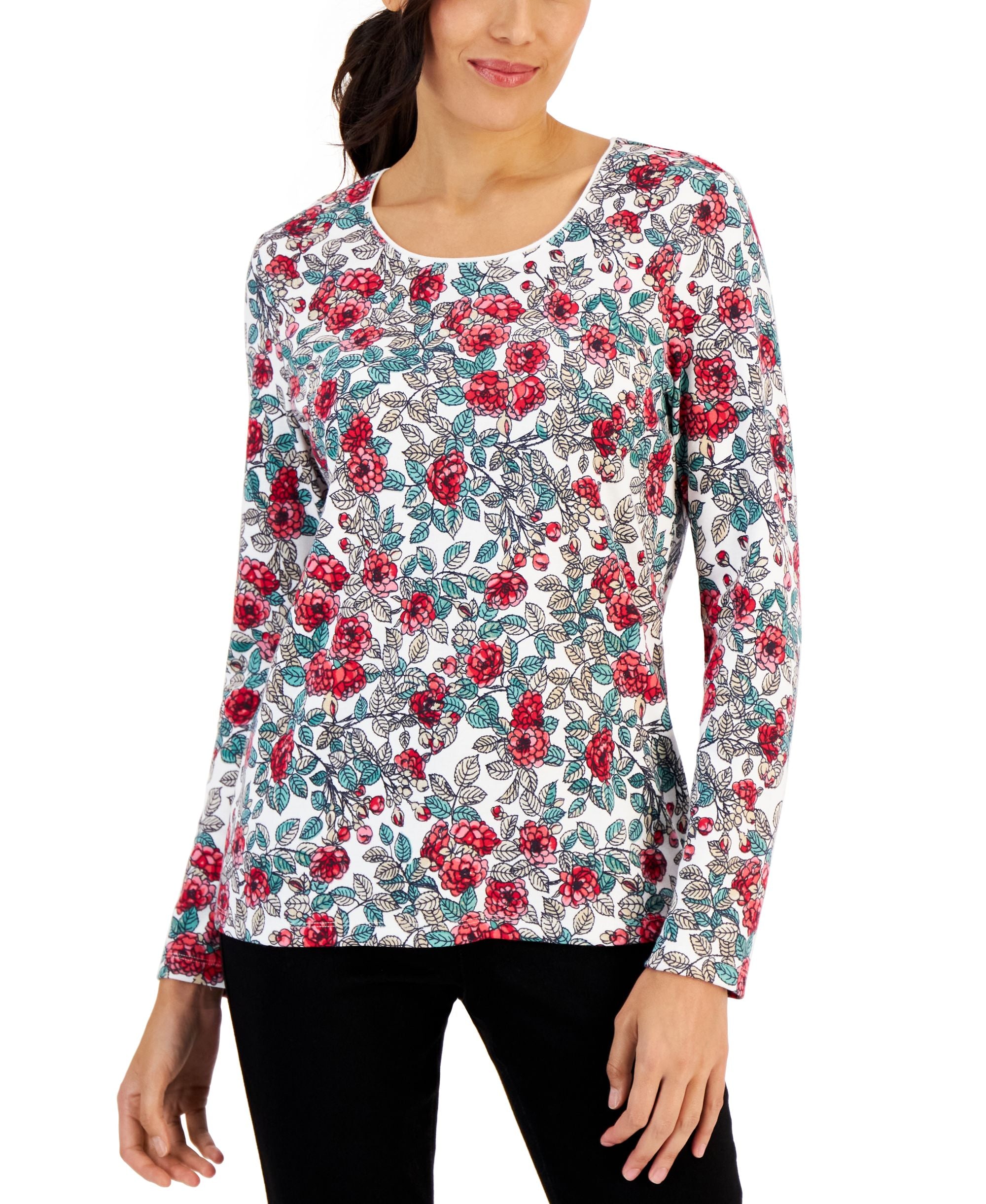 Karen Scott Womens Long Sleeve Floral Print Top