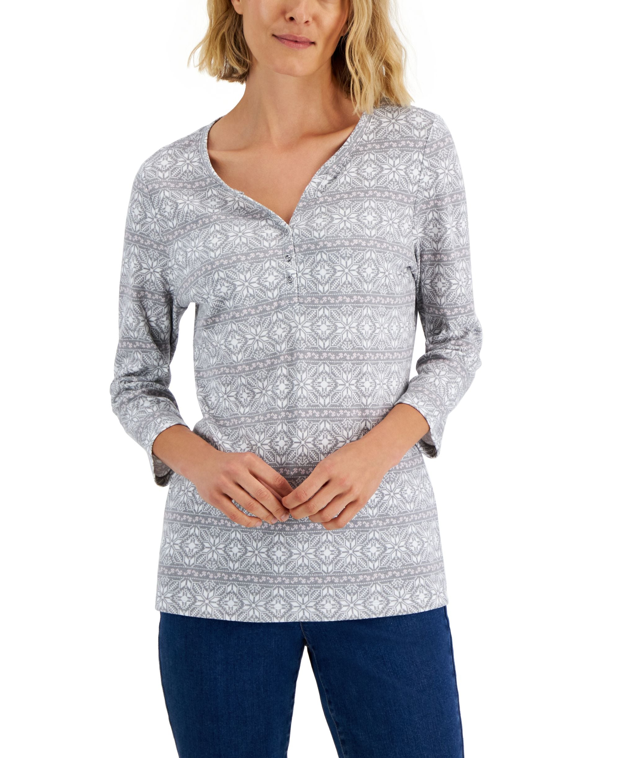 Karen Scott Womens 3/4 Sleeve Snowflake Henley Top