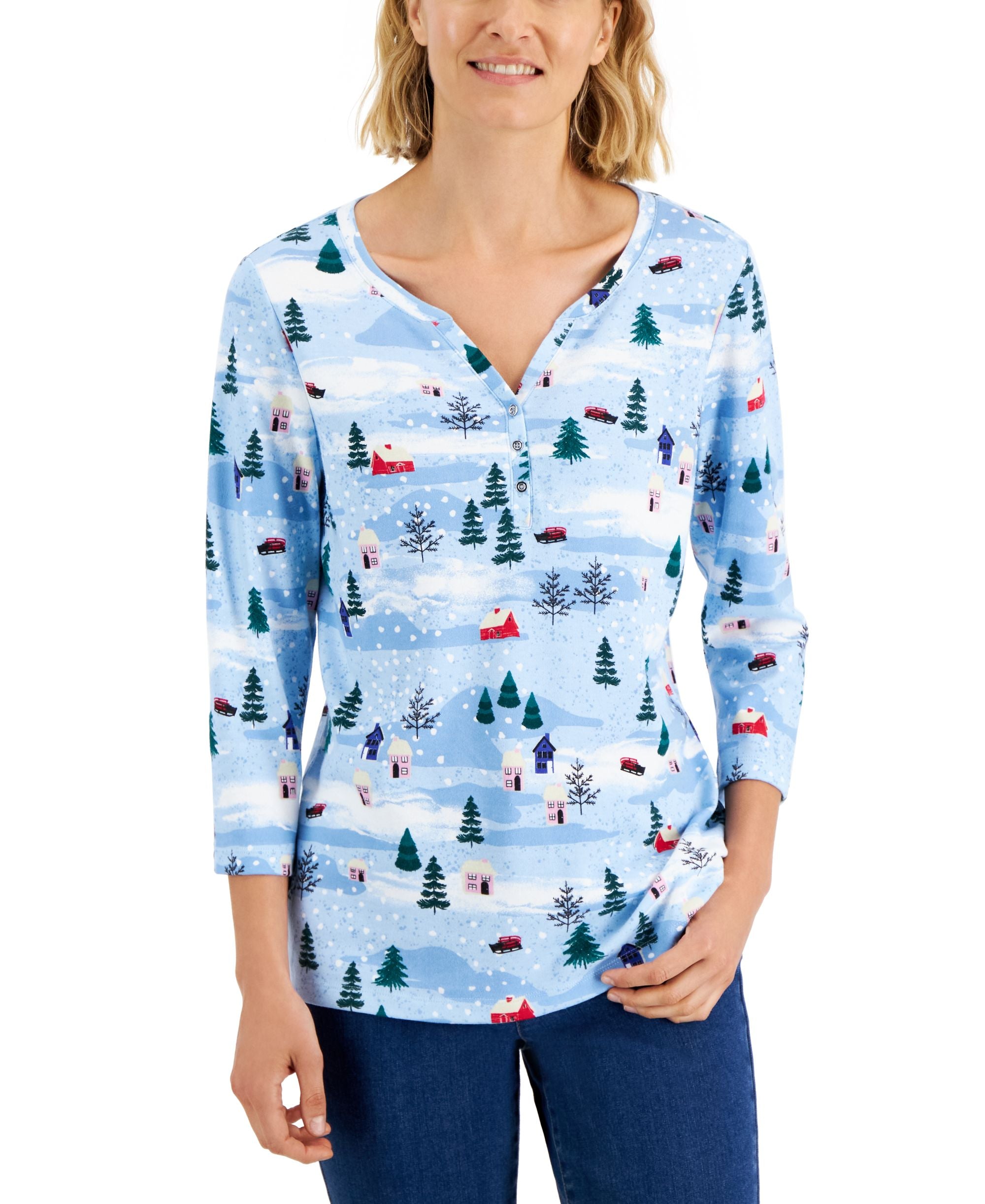 Karen Scott Womens 3/4 Sleeve Holiday Henley Top