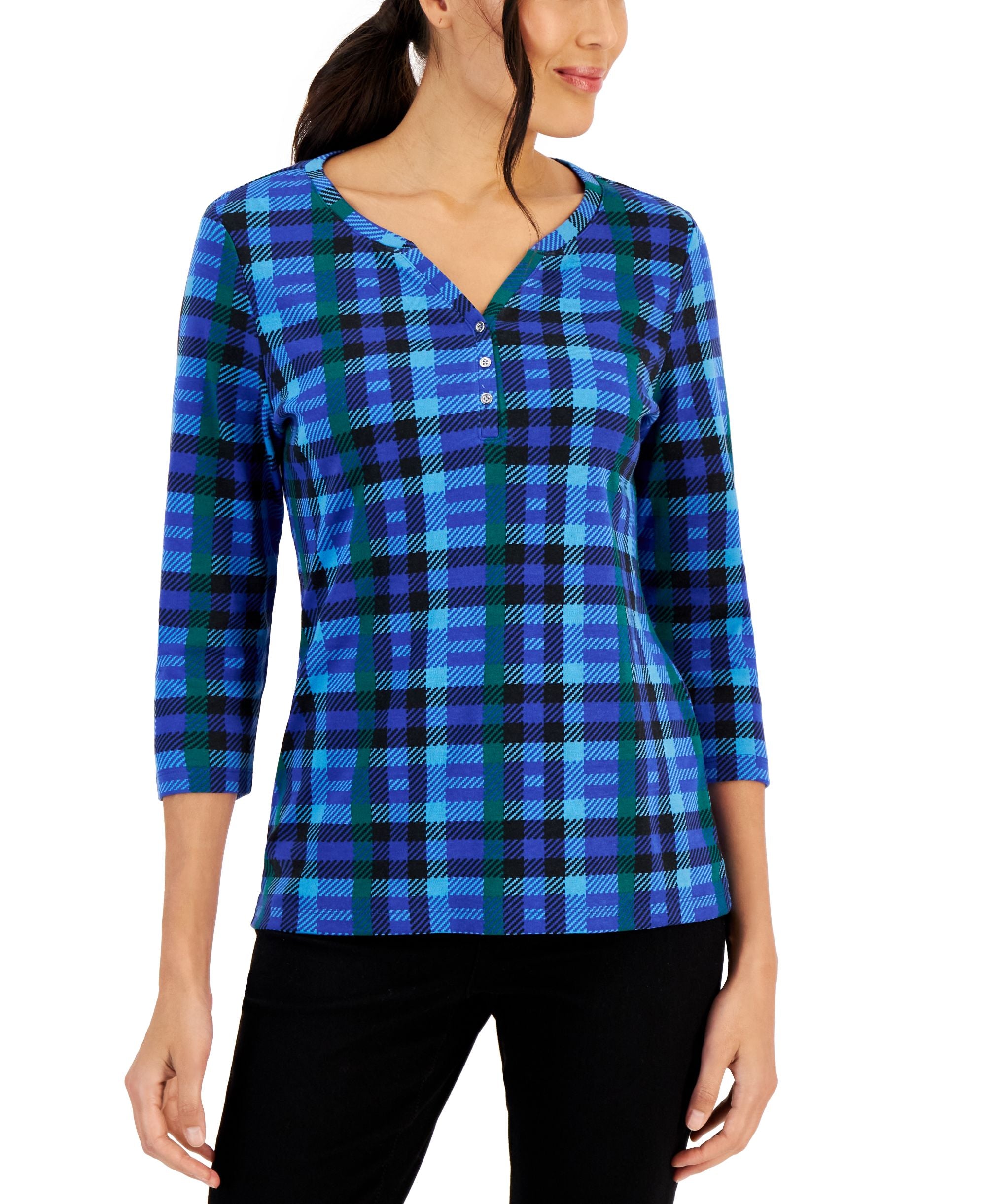 Women's Plaid Henley Top