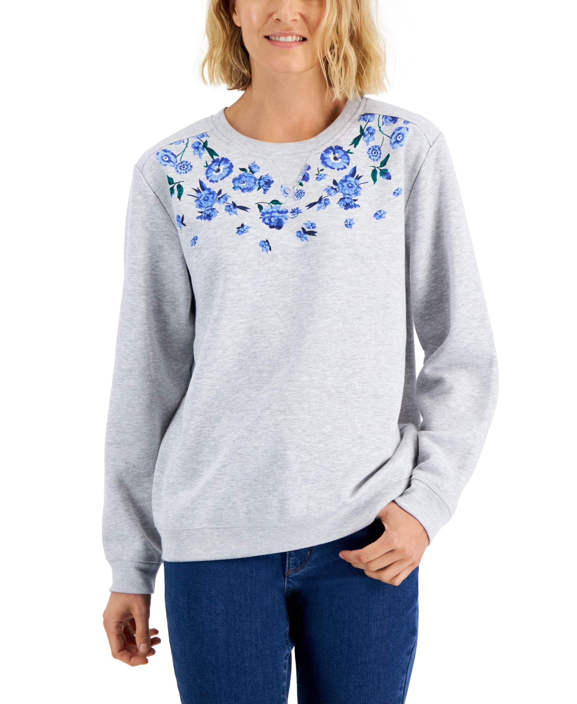 Karen Scott Petite Floral Print Noel Fleece Sweatshirt