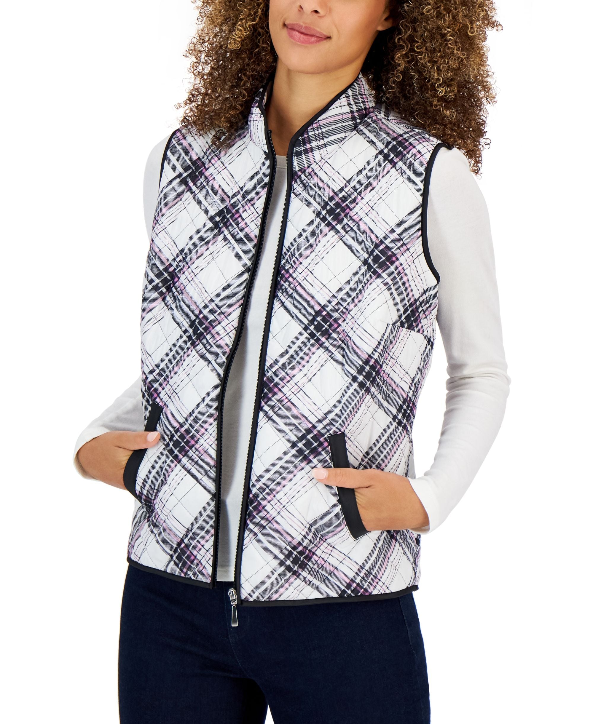 Karen Scott Womens Plaid Sleeveless Puffer Vest