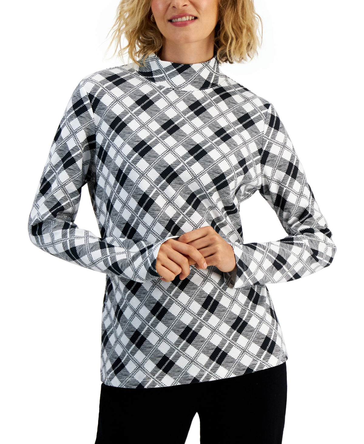 Karen Scott Womens Plaid Mock Neck Top