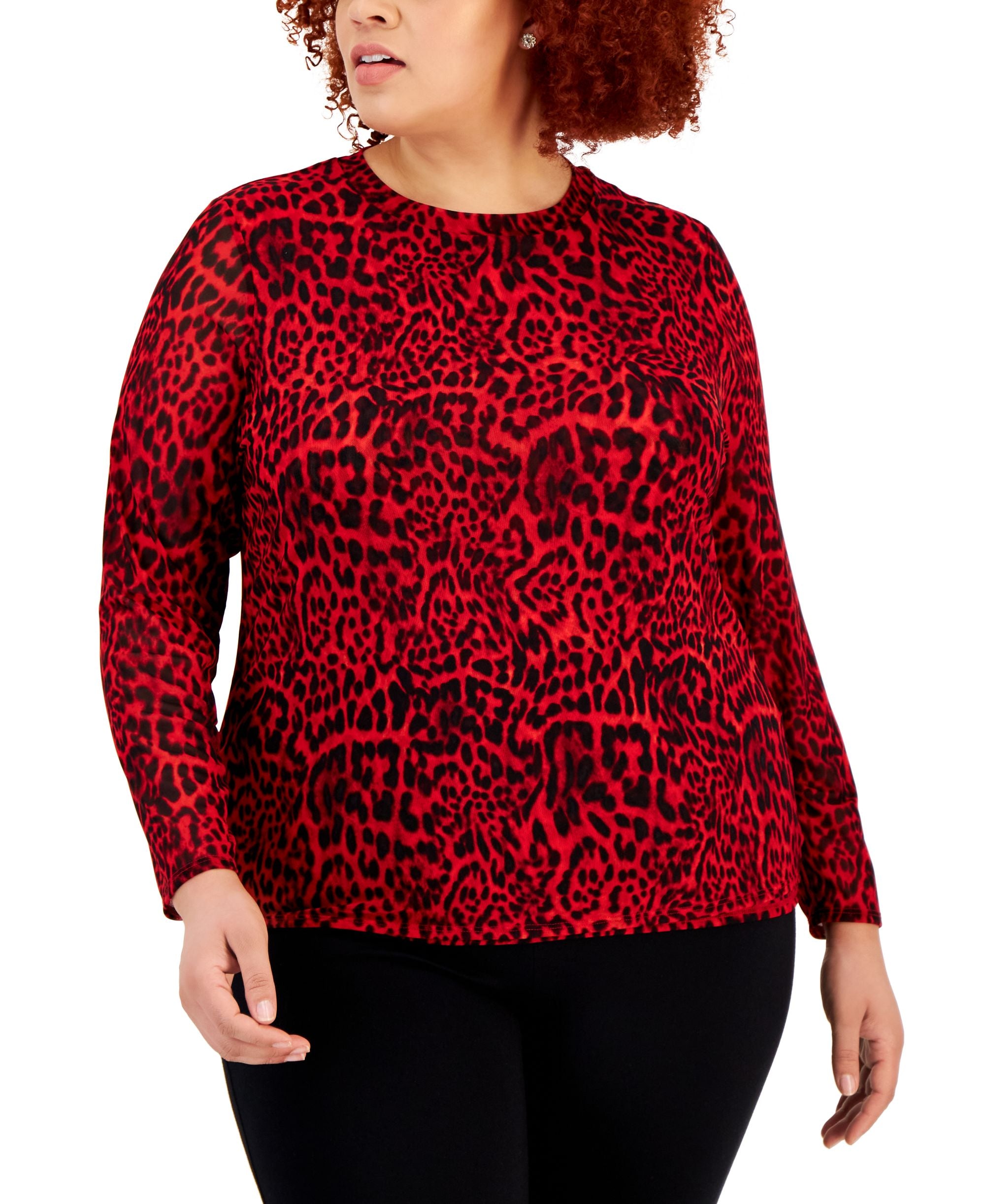International Concepts Plus Size Animal Print Mesh Long Sleeve Top